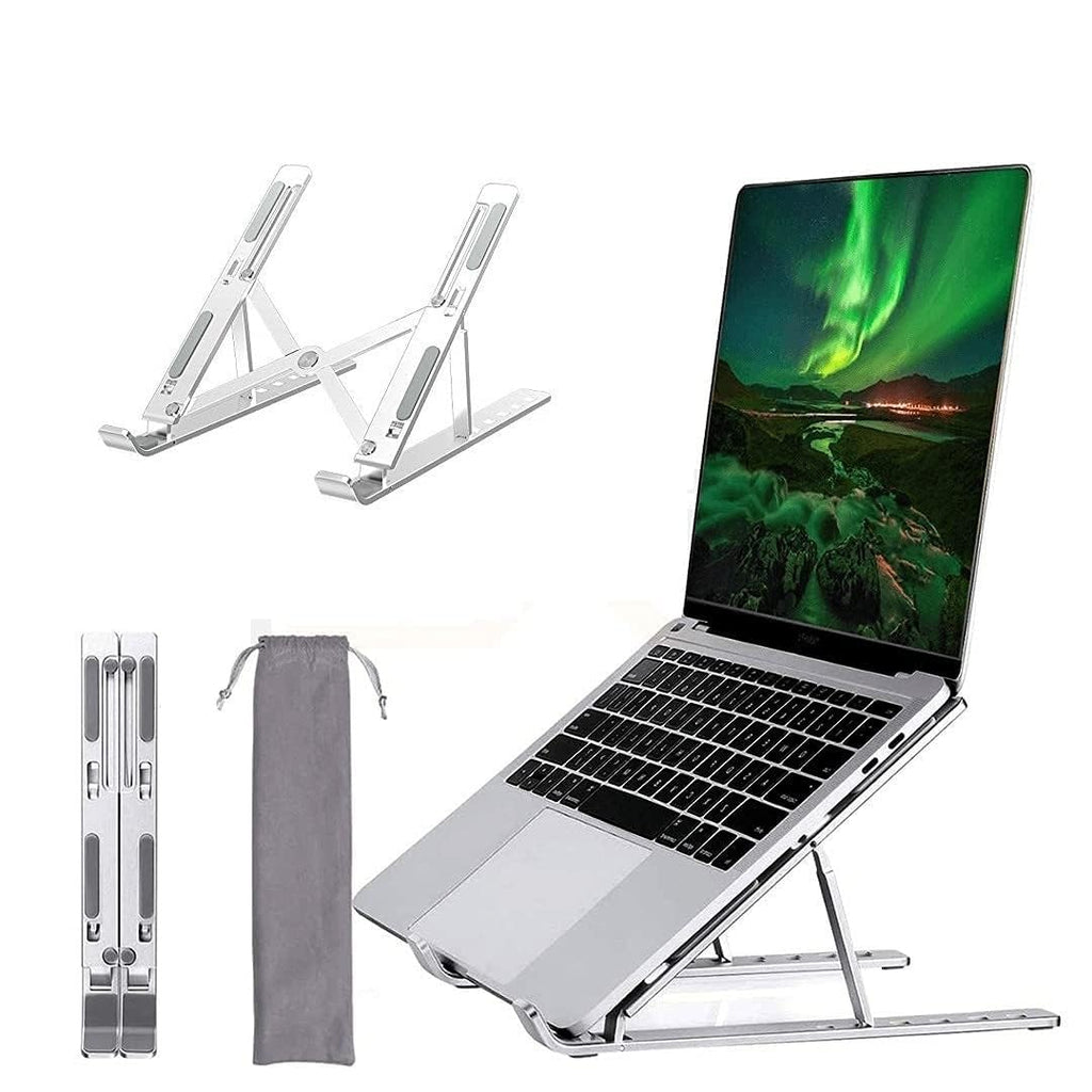 Dyazo Laptop Stand Foldable Height Angle Adjustable Laptop Riser for Desk Compatible for MacBook, Lenovo, Dell Notebook up to 15.6 Inches 360 Rotating Base (Silver)