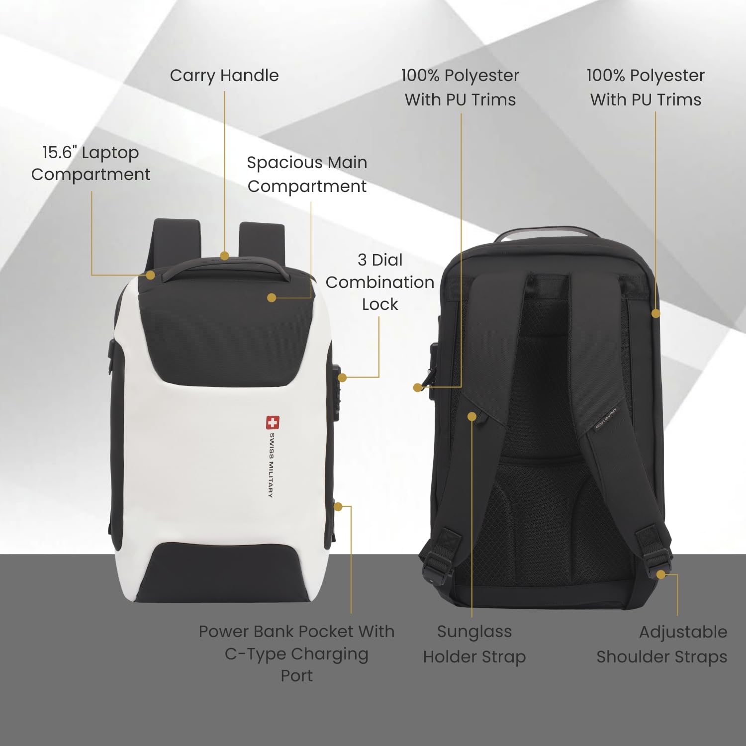 Swiss Military LUKE 23L 15.6" Laptop Backpack for Men & Women, Polyester, Padded Laptop & iPad Compartment, USB A & C Charging Port, TSA Lock, Multiple Quick Access Pockets, Keychain Holder