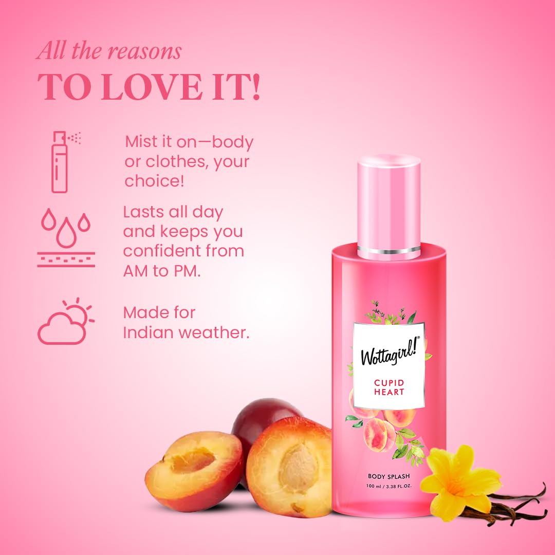 Wottagirl Cupid Heart Body Splash for Women | Fruity & Floral Fragrance with Melon, Vanilla & Jasmin | Long-Lasting Mist | Ideal for Indian Weather | 100ml