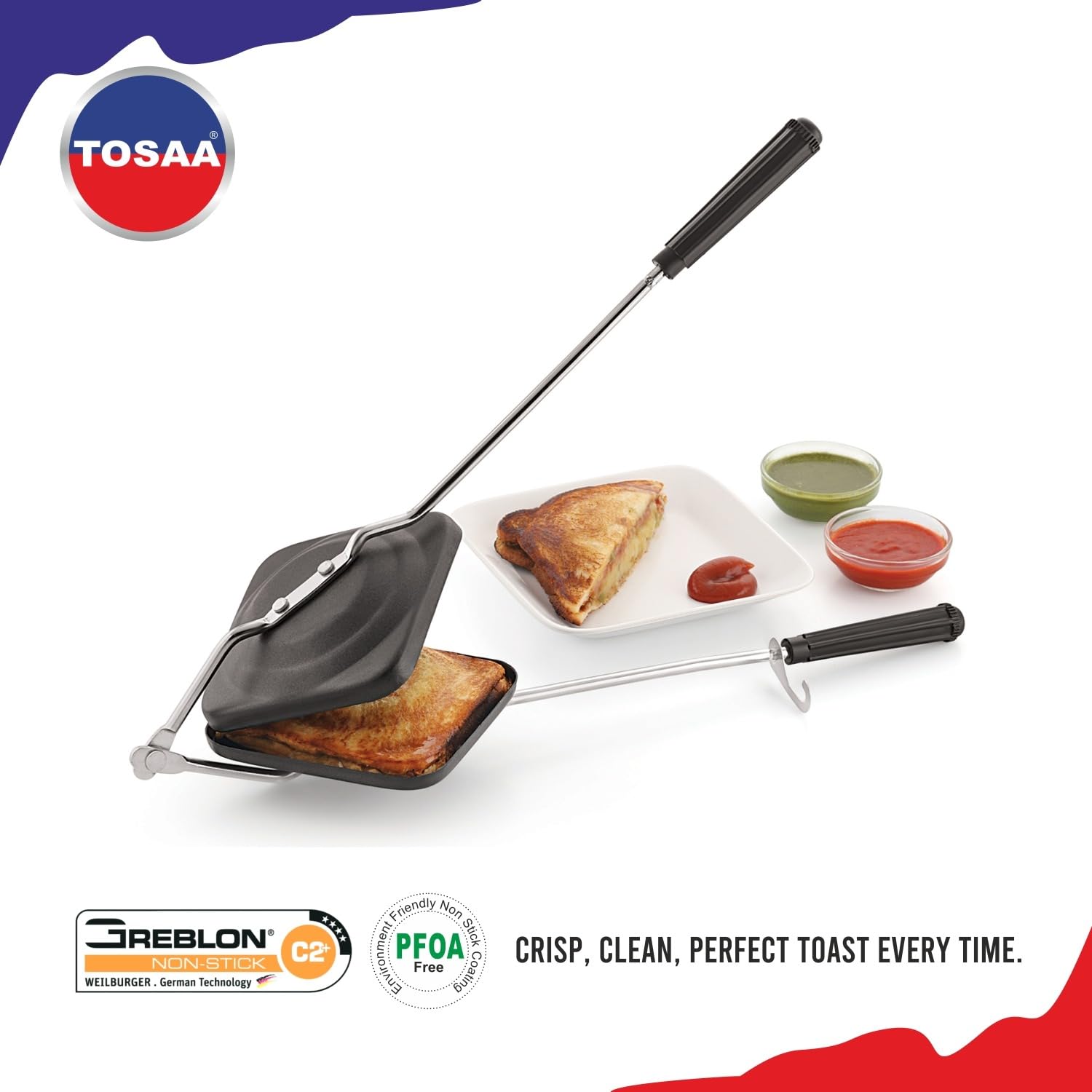 Tosaa T2STSR Sandwich Gas Non-Stick Aluminium | Compatibility with Gas Stoves | Flame-Proof Design | Heat-Resistant Handle | Sandwich Maker | Black