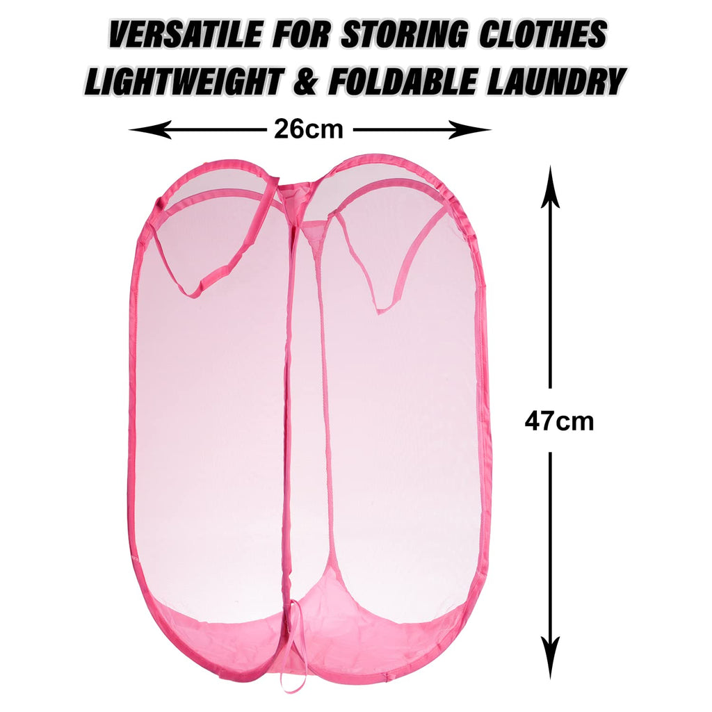 Kuber Industries Laundry Basket | Net Foldable Laundry | Nylon Storage Basket with Handle | Clothes Basket for Home | Hostel | Toy Storage | 20 Liter | Pink