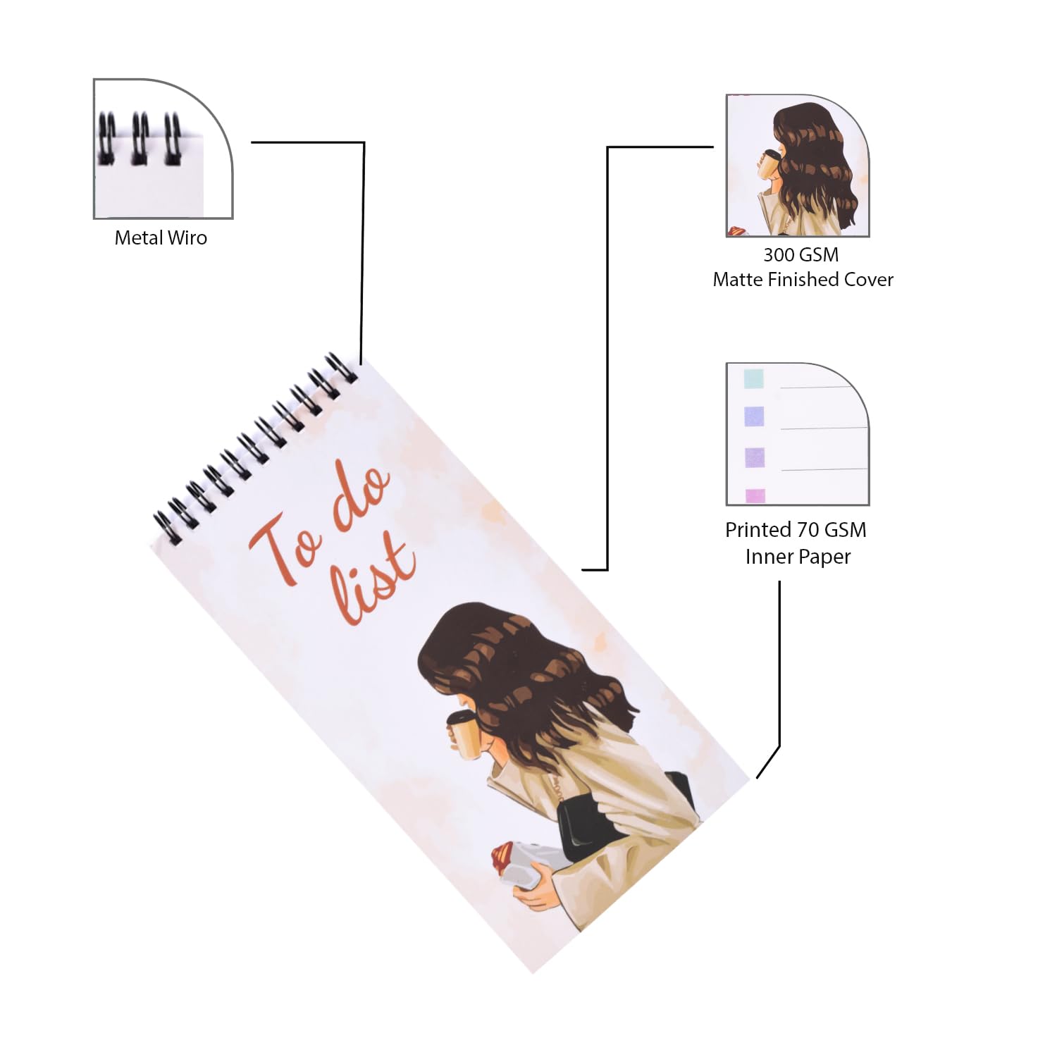 Papboo Easy to Carry To-Do List, Planner, Check list With 80 Printed Sheets Matte Finished Cover (Girl coffee)