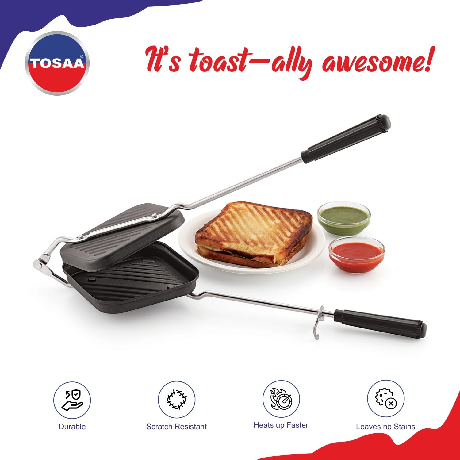 Tosaa Non-Stick Sandwich Toaster for Gas Stove | Grill & Toast Sandwiches in Minutes | Double-Coated Non-Stick | Durable & Easy to Use | Black Sandwich Maker