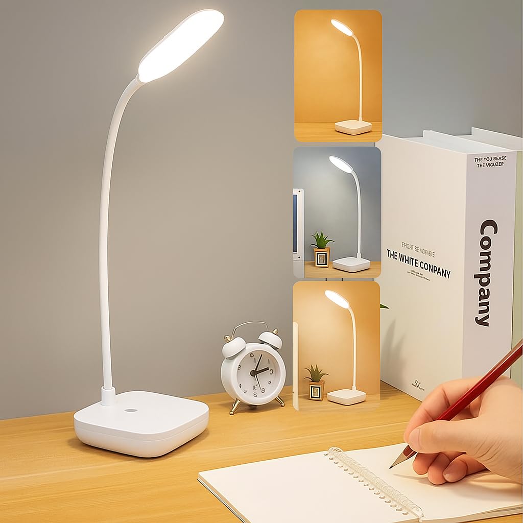 SaleOn Study Desk lamp with Touch onoff, Brightness Control, 3 Color Light, Mobile Holder, 360° Adjustable gooseneck, Type c Charging Socket, Soft Glare-Free Light, 6 Month Warranty