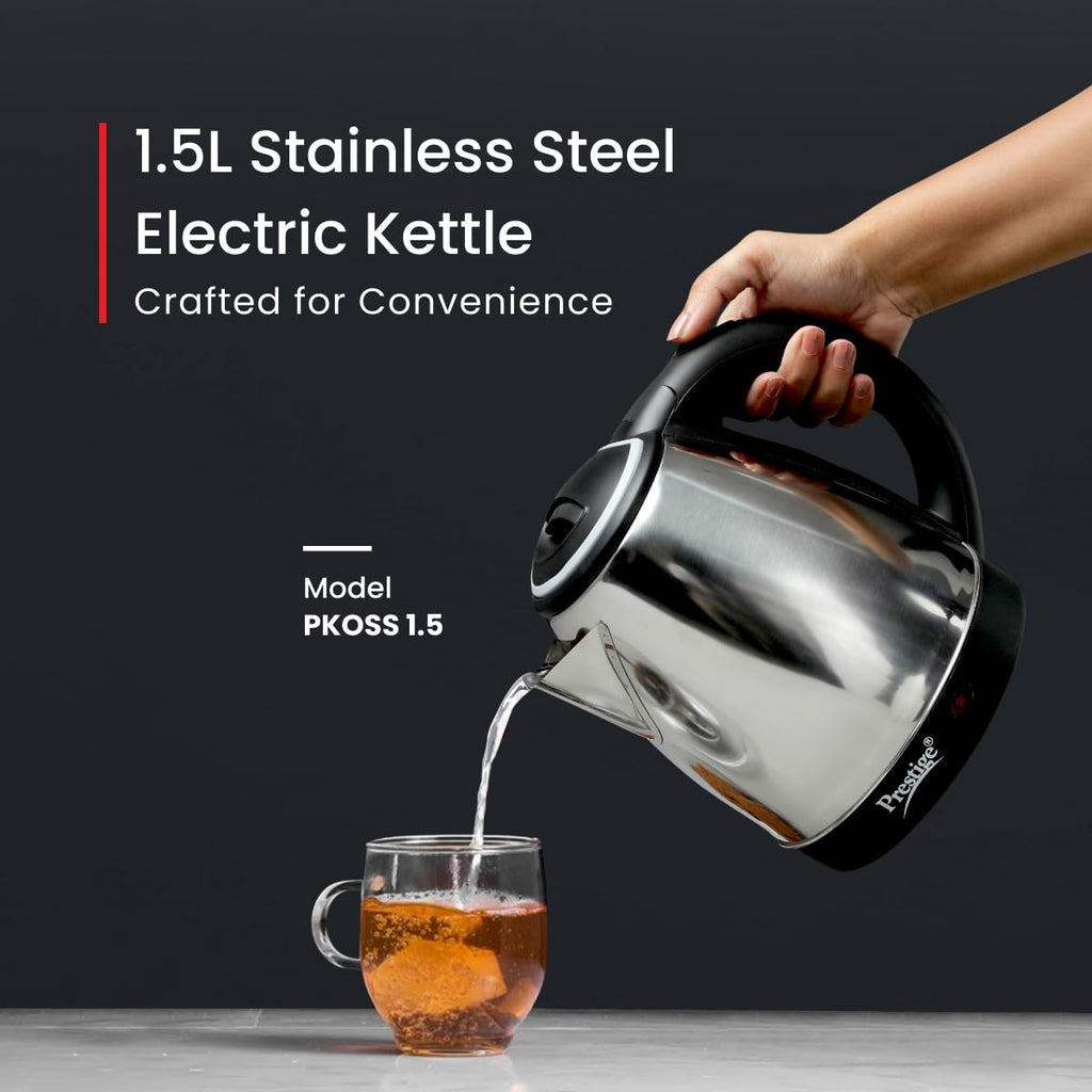 Prestige 1.5 litre PKOSS Stainless Steel Electric Kettle | 1350 Watts| Elegant Design | Cool-touch Handle and Lid | Automatic Cut-Off and Single-Touch Lid Locking. | Silver