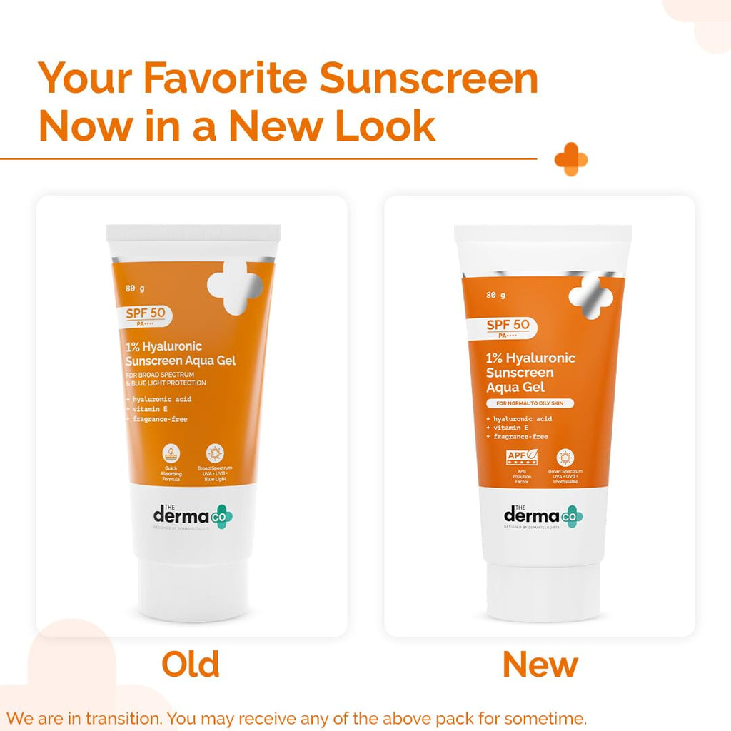 The Derma Co 1% Hyaluronic Sunscreen Aqua Gel SPF 50 PA++++ | Hydrating, Lightweight & Non-Greasy | No White Cast | Broad Spectrum & Blue Light Protection | Clinically Tested - (In-Vivo) | 80 g