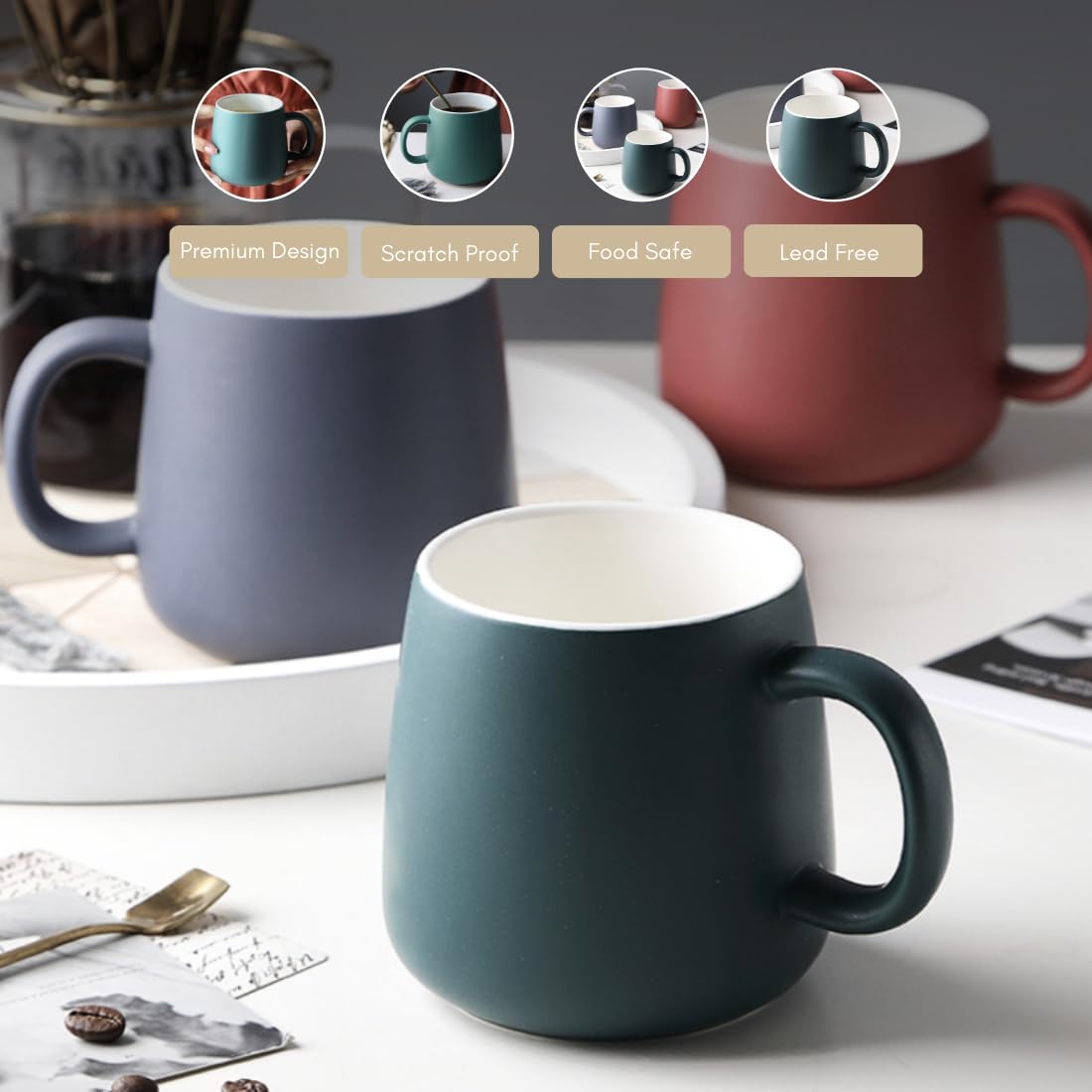 Nestasia Matte Finish Coffee Mug | Microwave & Dishwasher Safe Ceramic Tea Cup | Perfect for Latte, Americano, Cappuccinos, Tea Bag & Beverages (Green, 350ml)