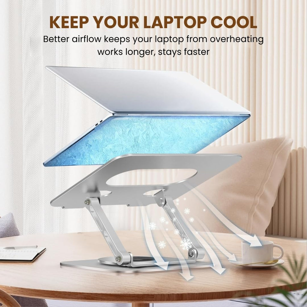 Dyazo Laptop Stand Foldable Height Angle Adjustable Laptop Riser for Desk Compatible for MacBook, Lenovo, Dell Notebook up to 15.6 Inches 360 Rotating Base (Silver)