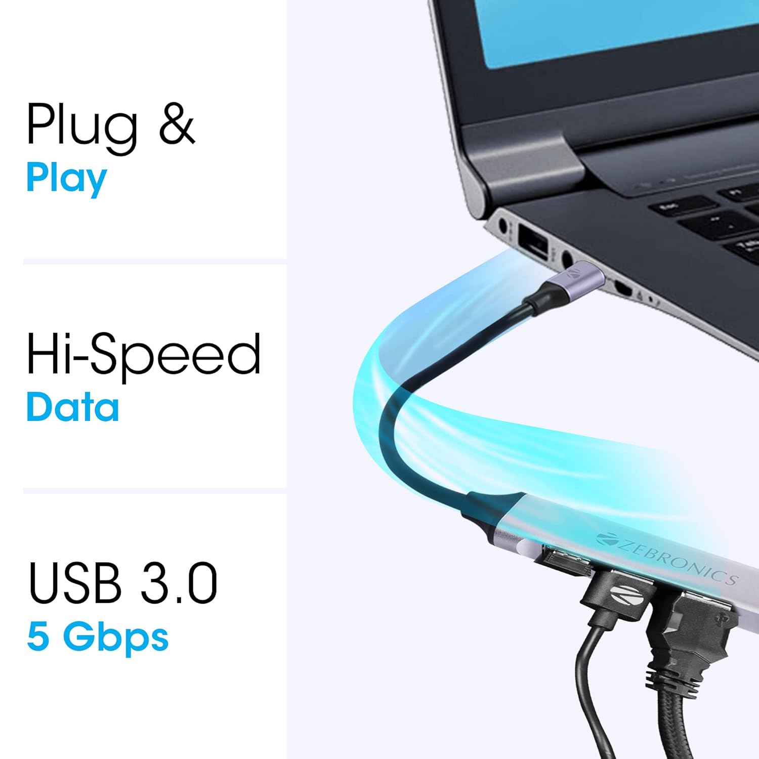 ZEBRONICS TA200U Type C to USB 3.0 4 Port hub with Hi Speed Data Transfer, Aluminum + ABS Body, 15cm Cable, Sleek Design and Plug Play Usage
