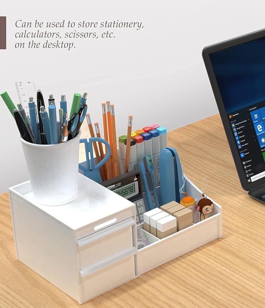 Shuttle Art Office Desk Organizer with Drawer, All in One Office Supplies and Cool Desk Accessories Pen Holder, Enhance Your Decor, Desktop 8-Compartment Laddered Desk Organizer(White)