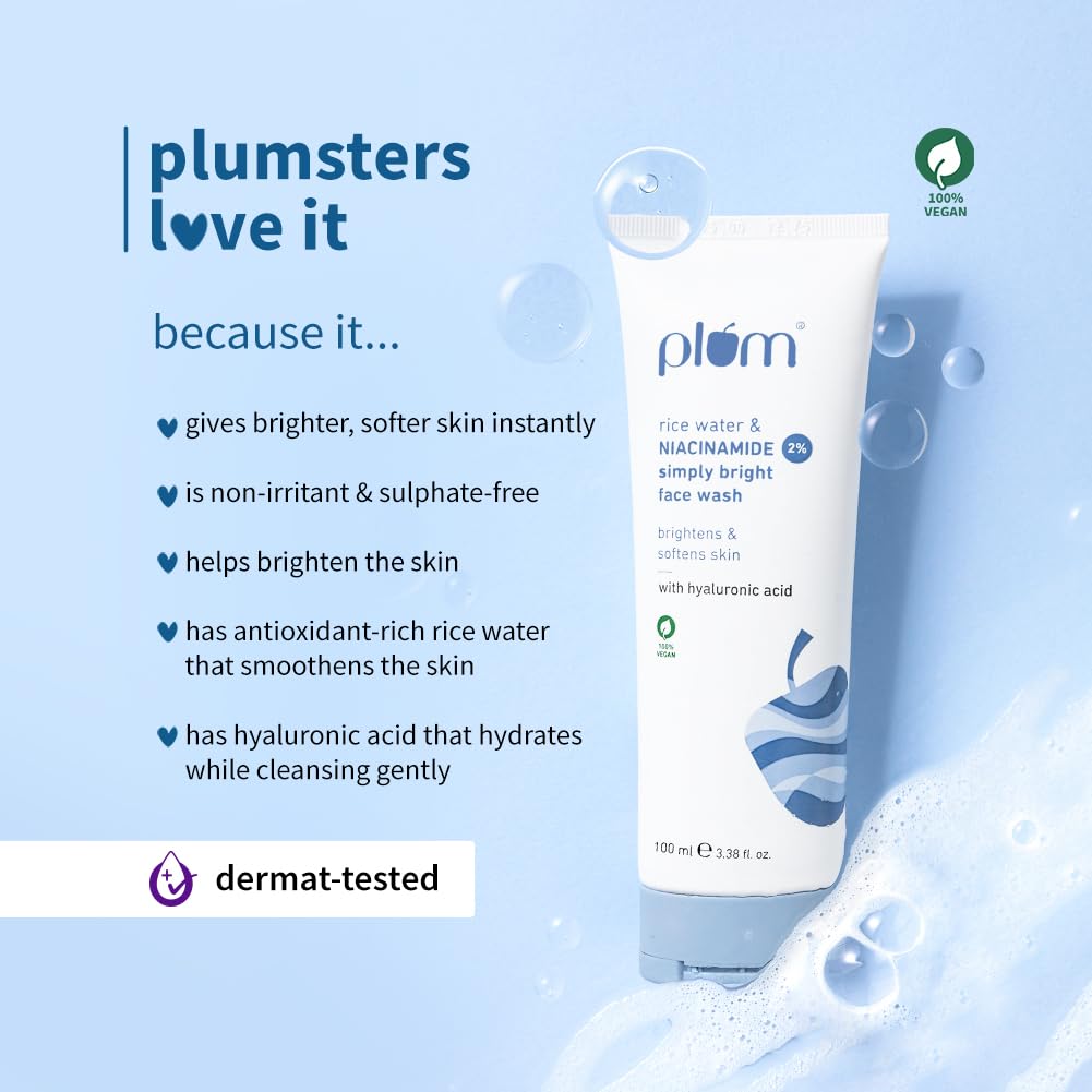 Plum 2% Niacinamide Simply Bright Face Wash With Rice Water 100 ml | Brightens Skin, Helps Fade Blemishes | Softens & Smoothens Skin | Gentle & Non-Drying | Women & Men | 100% Vegan