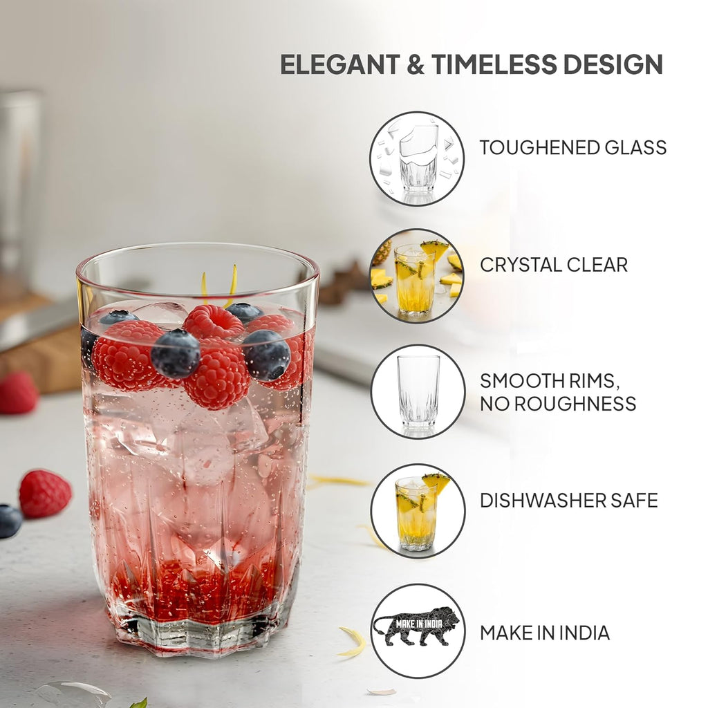 CELLO Glaze Tumbler Glasses Set of 6, 180 ml Transparent | Dishwasher Safe Toughened Crystal Clear Glass | Daily Use Tranparent Drinking Glass Set for Water, Cocktail, Juice, Milkshake, Coke, Soda