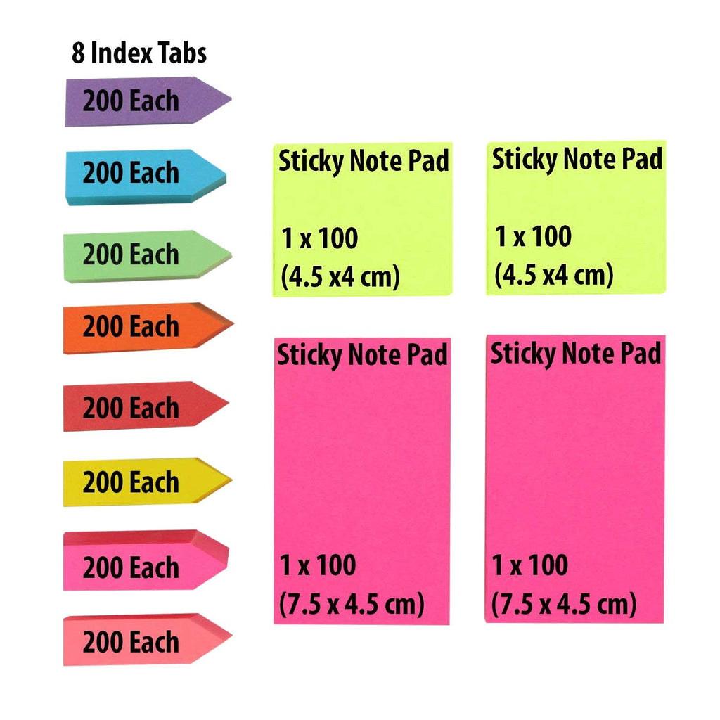 Pinzo Sticky Note Memo Pad With 8 Index Tabs, Bright Neon Colors