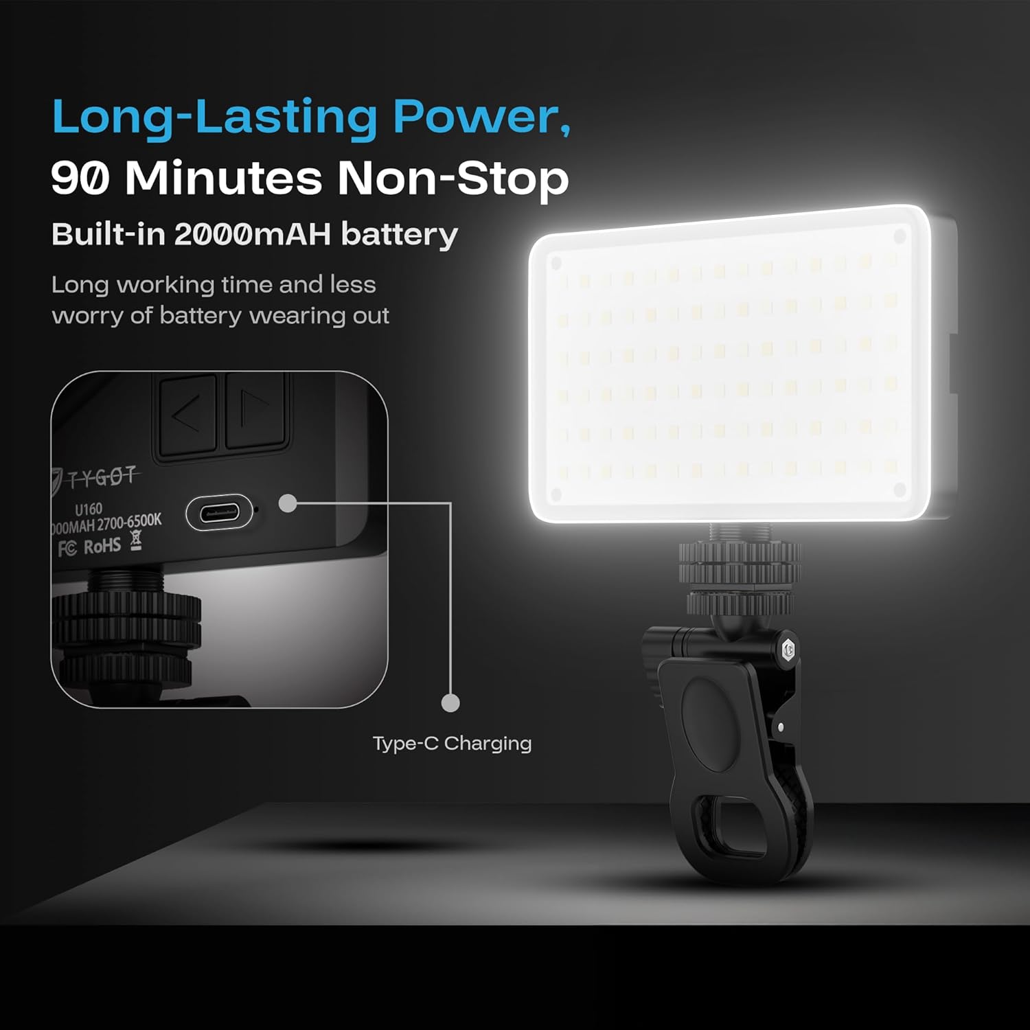 Tygot U160 Portable LED Video Light for Mobile & DSLR, 2000mAh Rechargeable Battery, Adjustable 2700K-6500K Color Temperature, CRI 95+, Universal Mount, Compact Fill Light for Vlogging & Streaming