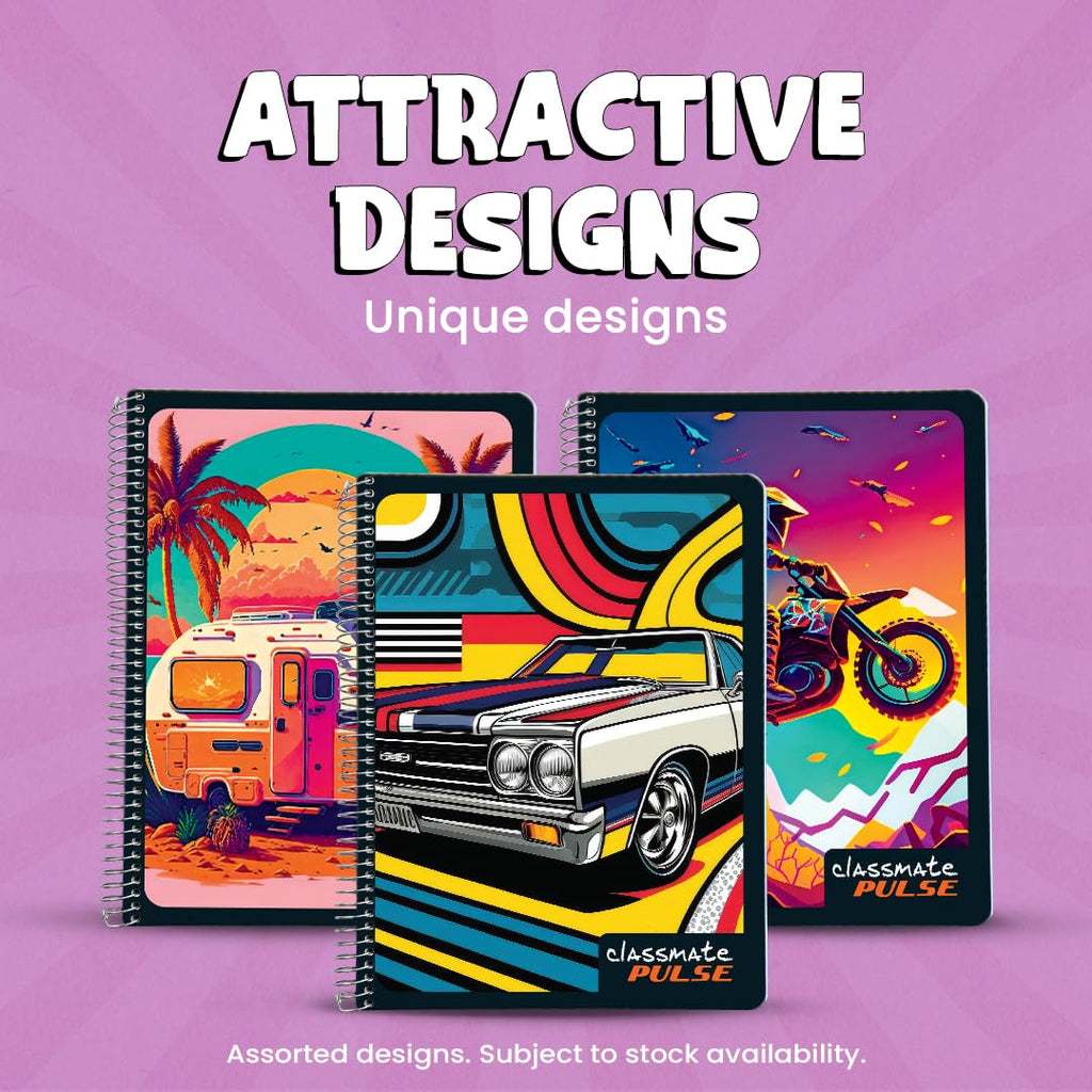 Classmate Pulse Single Subject Spiral Notebook - Pack of 4 | Unruled | 200 Pages | 24.0cm x 18.0cm | Attractive Cover Designs | Soft Cover |Notebooks for College Students