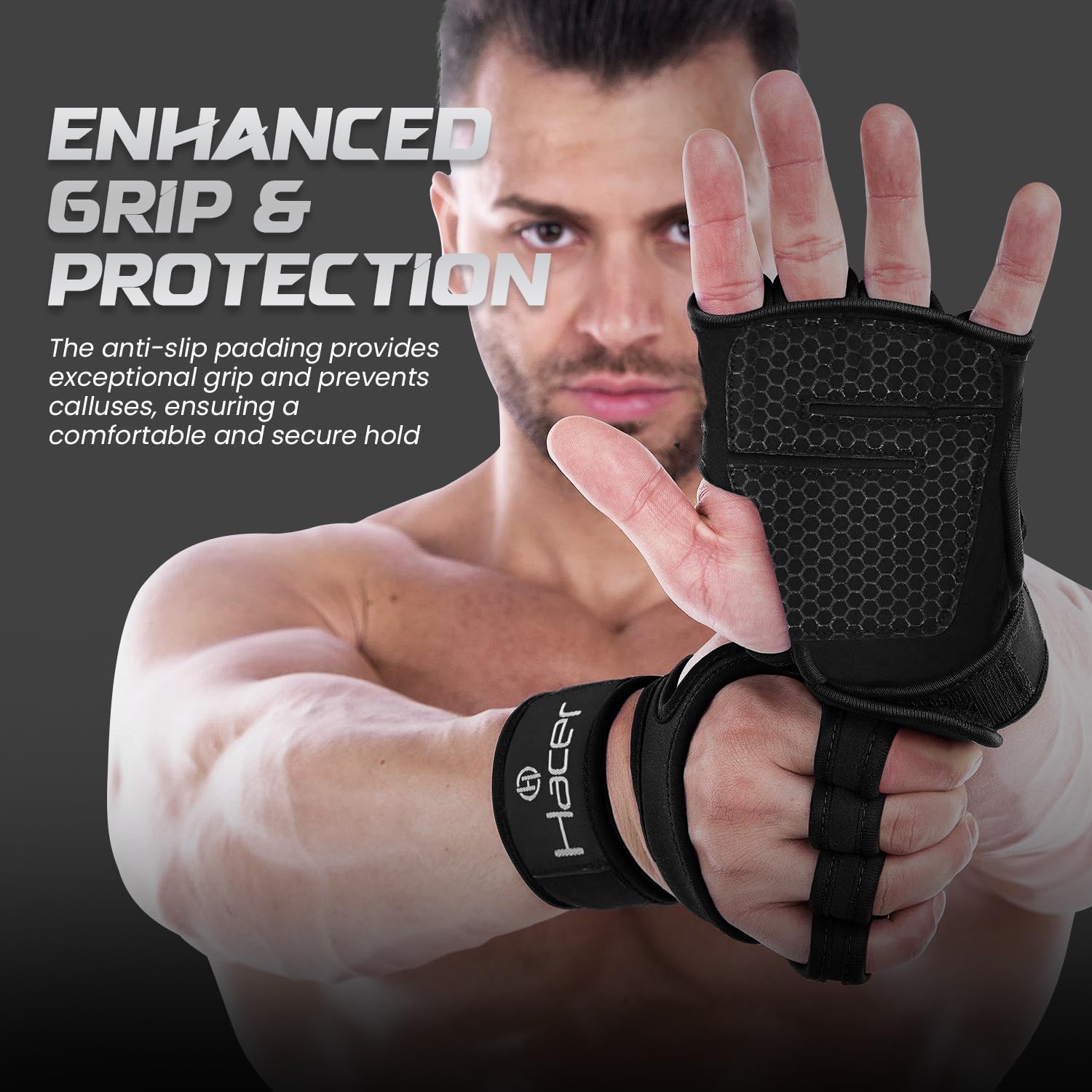 HACER Gym Gloves Weight Lifting Hand Grips with Wrist Wrap Support Half Finger Crossfit Glove for Workout Exercise Fitness Training Powerlifting Men and Women (Pack of 1, Black)