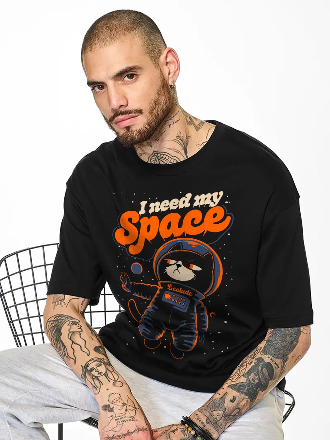 LEOTUDE Half Sleeve Oversized Cottonblend Round Neck Drop Shoulder Printed Men's T-Shirt (Color Black)