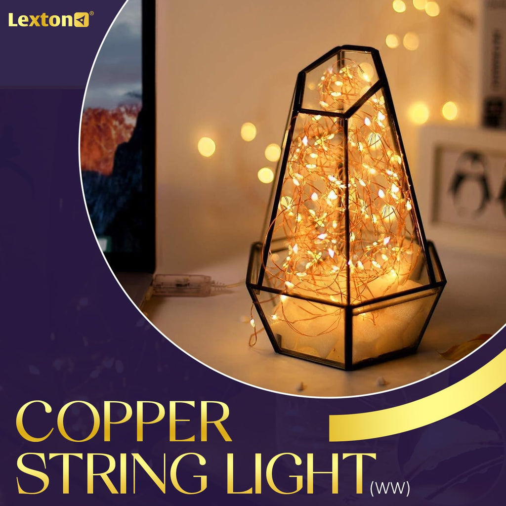 Lexton 10 Meter LED Copper String Light | USB Powered Fairy Lights | Warm White Decorative Lights for Diwali, Festival, Home, Balcony & Outdoor Decoration, Pack of 1