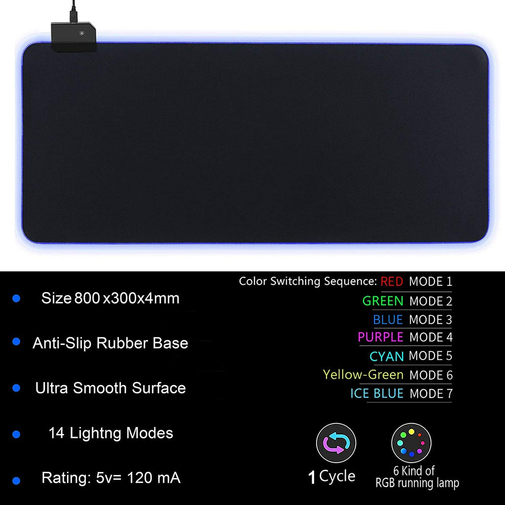 FKU XXXL Large RGB Gaming Mouse Pad 14 Modes Oversized Glowing Led Extended Mousepad, Anti-Slip Rubber Base and Waterproof Surface, Soft Led Mouse Mat Mousepad (XXXL RGB Gaming Mousepad)