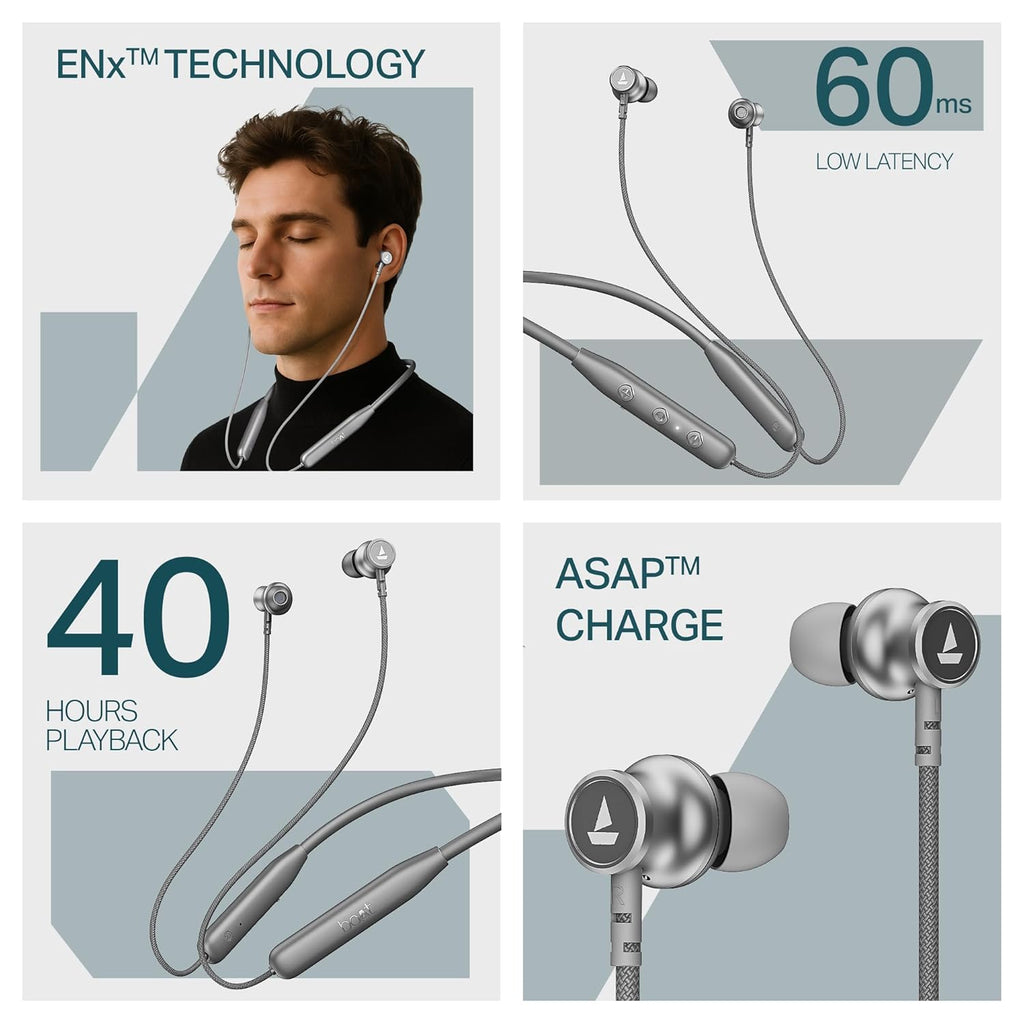 boAt 2025 Launch Rockerz 113, 40H Battery, Dual Pair, Fast Charge, ENx Tech, Stream Ad Free Music via App Support, Magnetic Buds, Bluetooth Neckband, Wireless with Mic in Ear Earphones (Ash Grey)