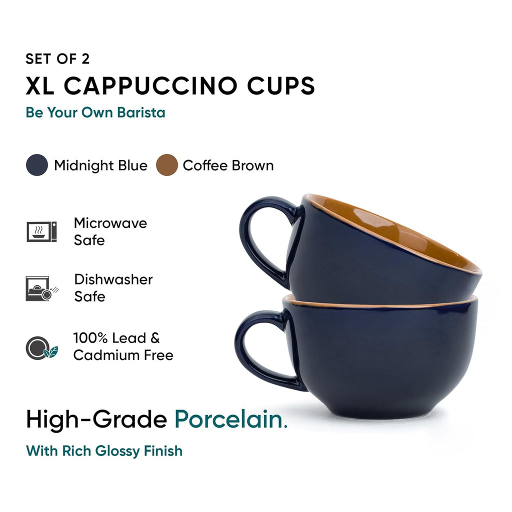Shay Large Ceramic Coffee Cup Set of 2, Midnight Blue, 320ml | Cappuccino Cup | Glossy Finish | Large Ceramic Coffee Cup | Premium Porcelain Coffee Cup | Microwave Safe (XL Cuppa - Midnight Blue)