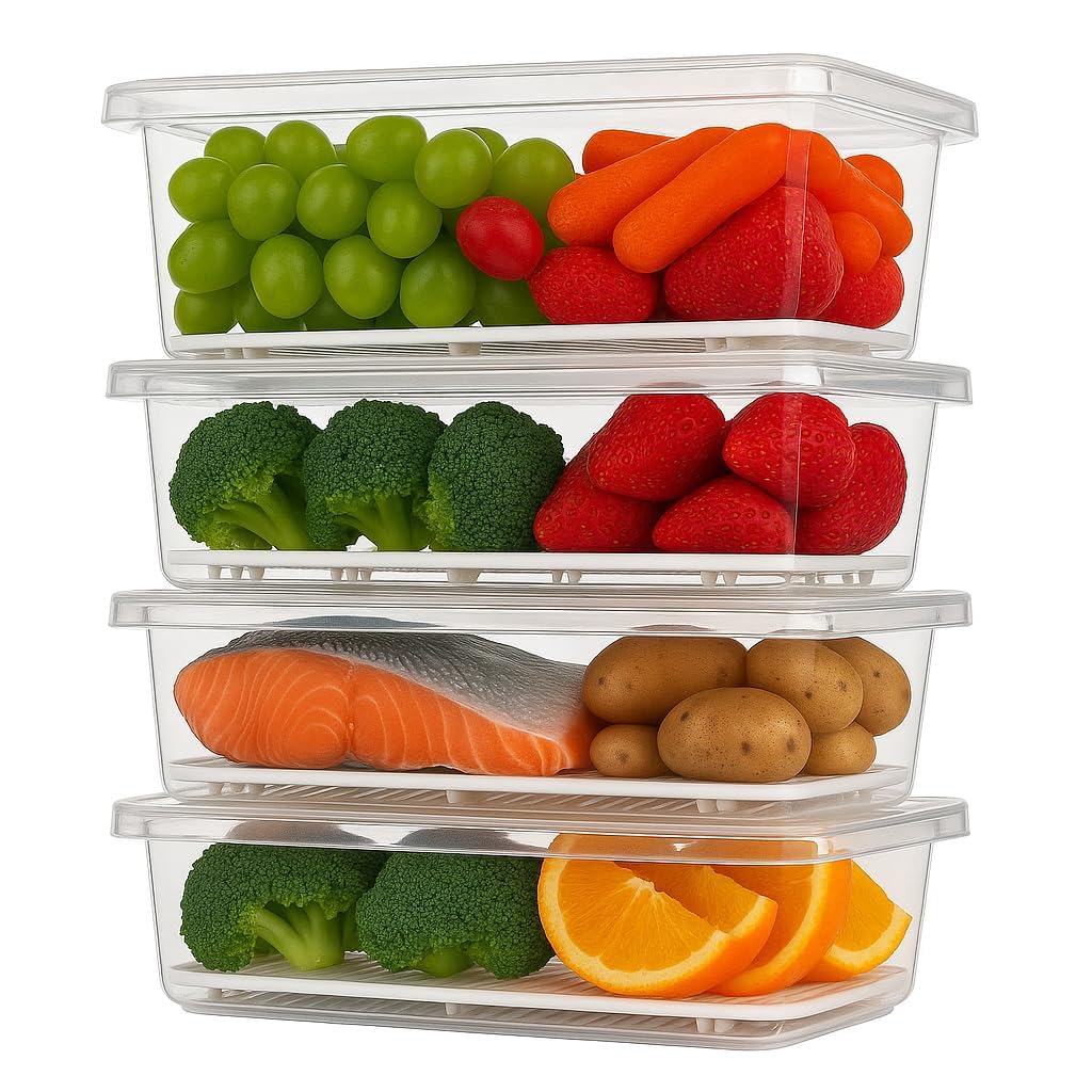 HomeWiz Fridge Storage Containers (Pack of 4) 1500ML Each | With Lids & Removable Drain Plate | Stackable Fridge Organizer for Fruits & Vegetables | Kitchen Storage Box