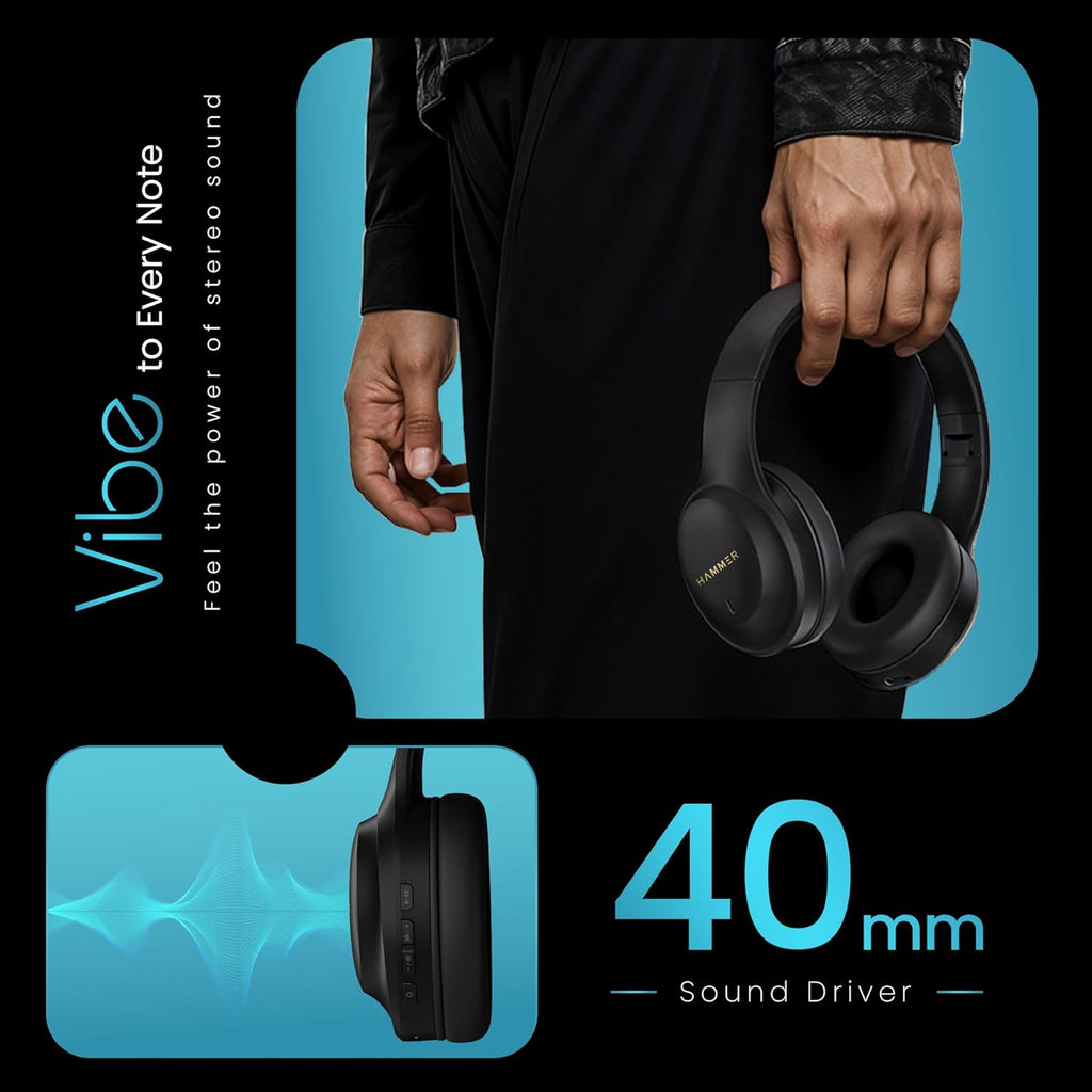 HAMMER Vibe ENC Bluetooth Headphone, 40mm Driver, Dual Pairing, 50hrs Playtime, Voice Assistant, BT V5.4, Game Mode, Soft Cushions, Lightweight Headphones for Music, Gaming and Calls (Black)