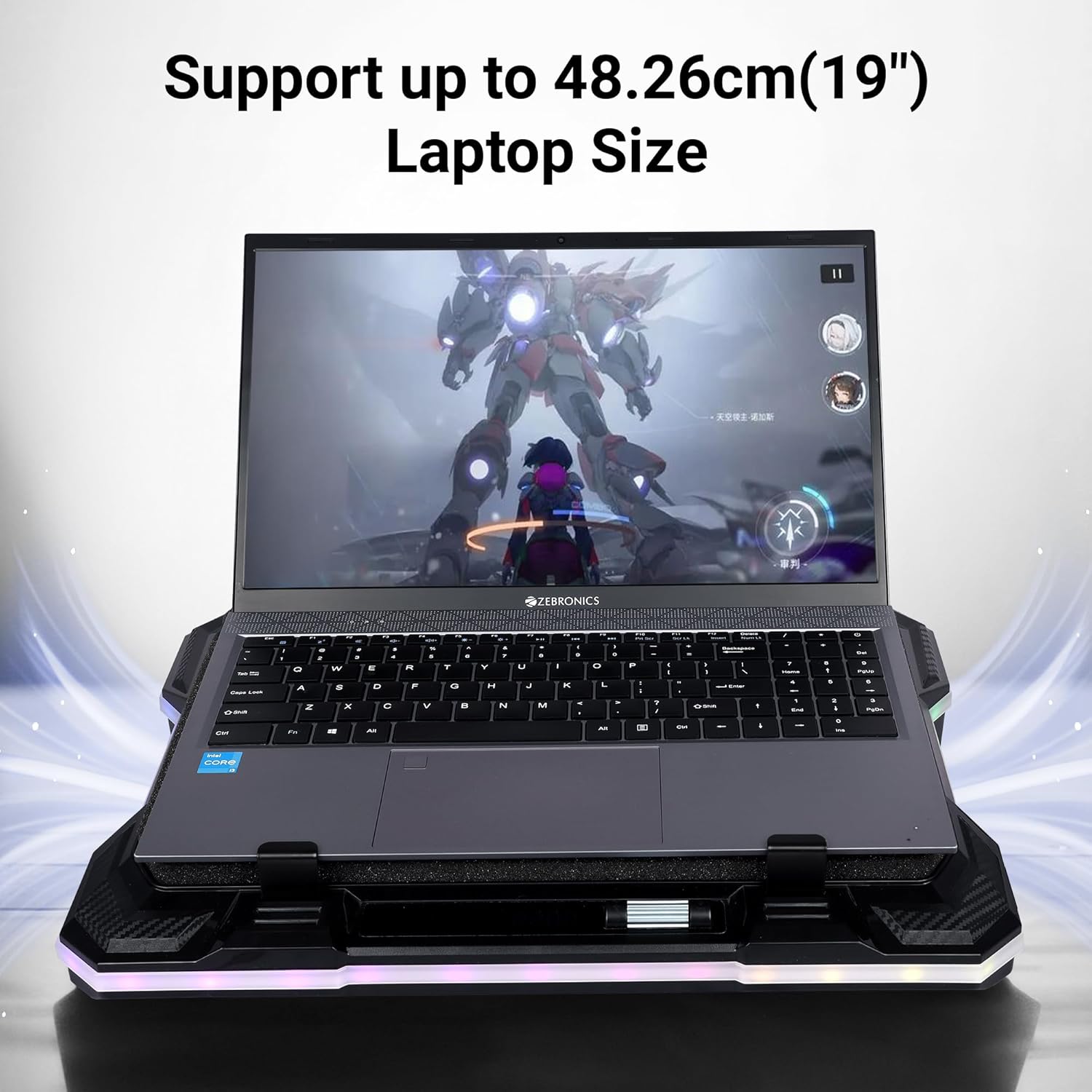 ZEBRONICS NC9200, Laptop Cooling Pad, 140mm RGB LED Fan, Upto 19 inch Laptop, Dual USB Port, Magnetic Foam Cushioning, Detachable Mobile Holder, Fan Speed Controller, High Speed, 10 RGB LED Modes