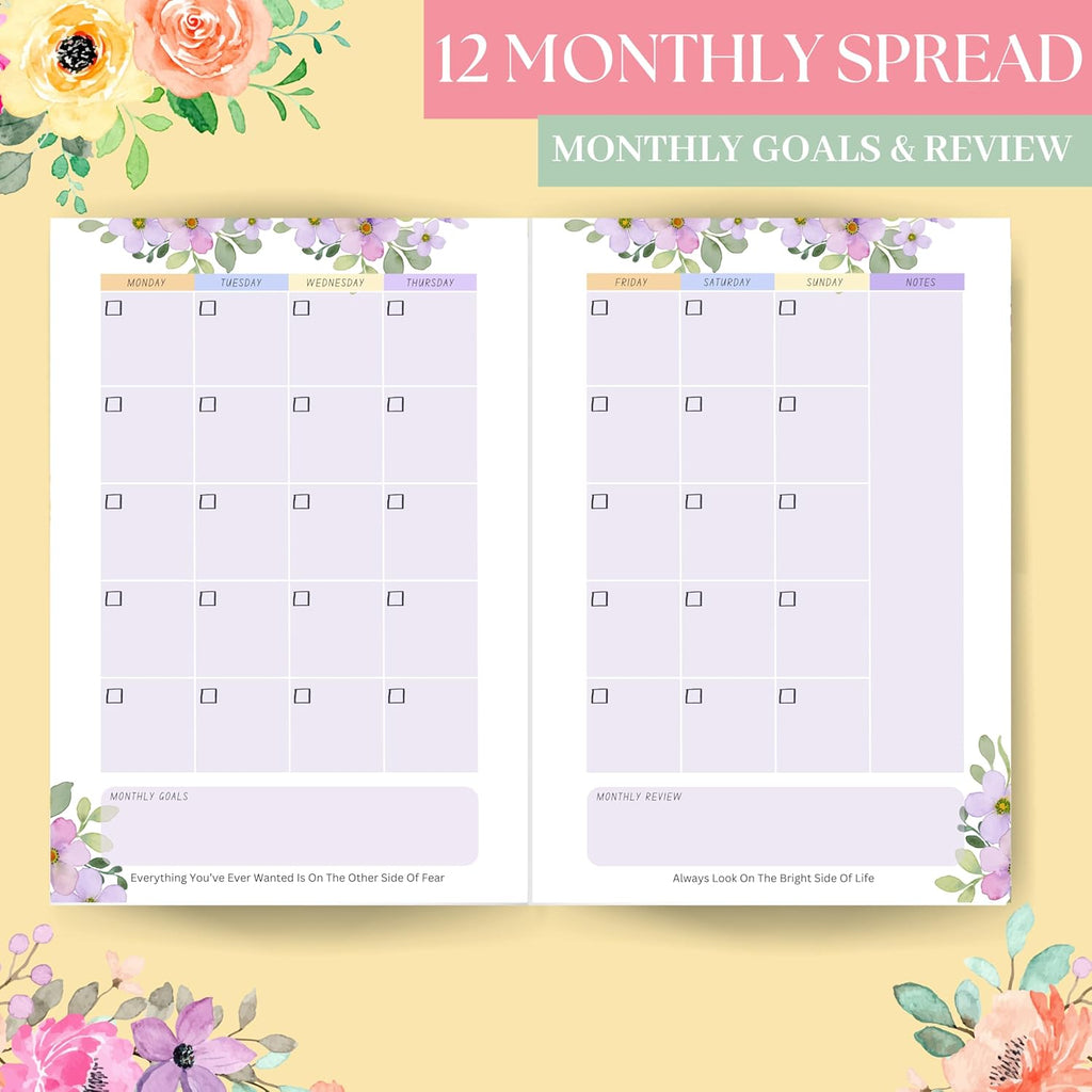 LAURET BLANC 12 Months Floral Undated Notebook Planner, 12 Monthly Spreads, 52 Weekly Spreads, Habit Tracker, Utility Pages, Paperback (The Best Is Yet To Come)