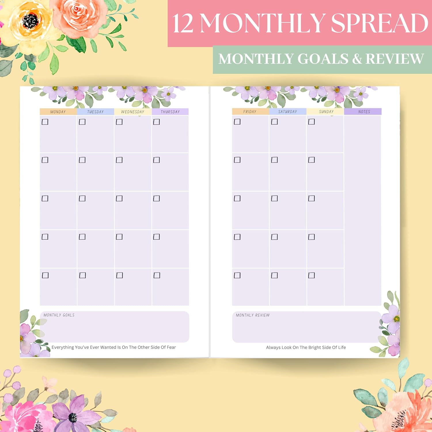 LAURET BLANC 12 Months Floral Undated Notebook Planner, 12 Monthly Spreads, 52 Weekly Spreads, Habit Tracker, Utility Pages, Paperback (The Best Is Yet To Come)