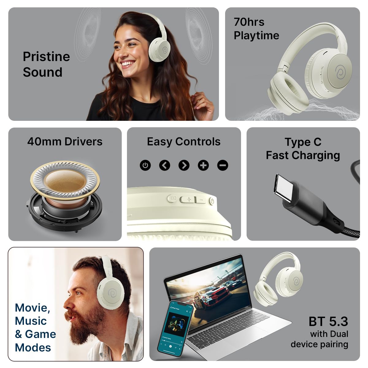 pTron Studio Evo 70hrs Playtime Wireless Over Ear Headphones with HD Mic, Low-Latency Game/Movie/Music Modes, Punchy Bass, BT5.3, Dual Device Pairing, Voice Assistant & Type-C Fast Charging (Beige)