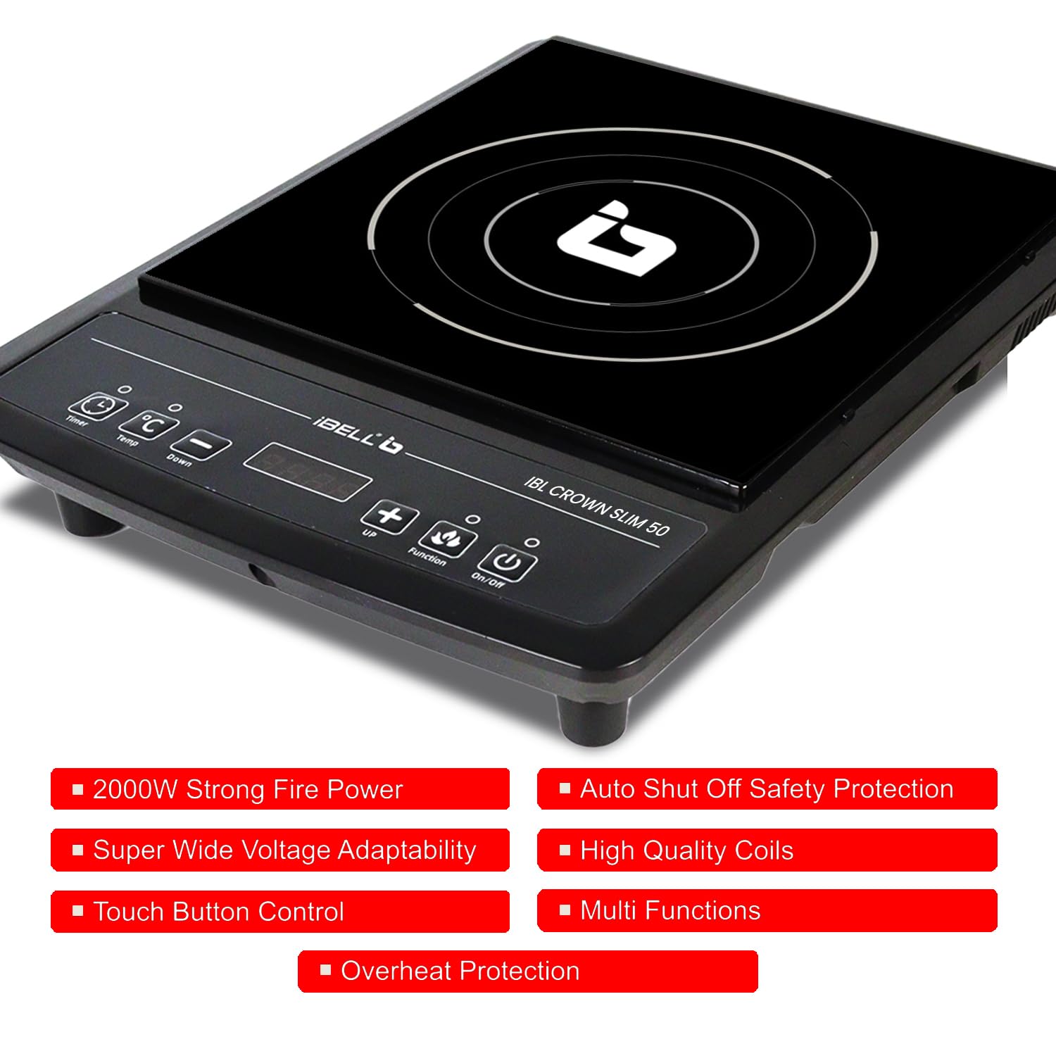 IBELL SLIM50 Induction Cooktop, 2000W, BIS Certified, LED Display, 2 Yr Warranty, Auto Shut-Off, Over Heat Protection (Black)