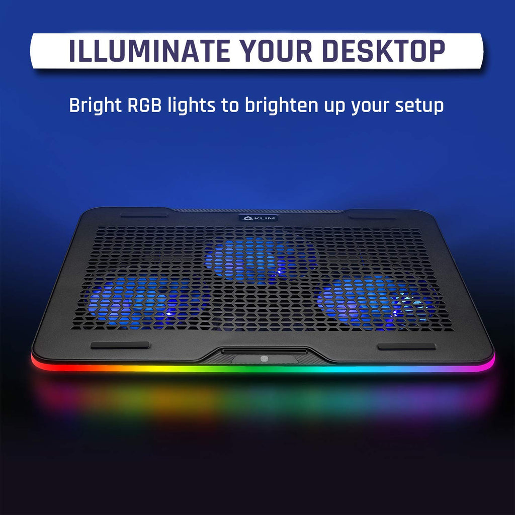KLIM Aurora + Laptop Cooling Stand with RGB backlighting + 11" - 17" + Gaming Laptop Cooling Pad for Desk + USB Powered Fan + Stable and Sturdy Aluminum Build + Compatible Mac and PS4 + New