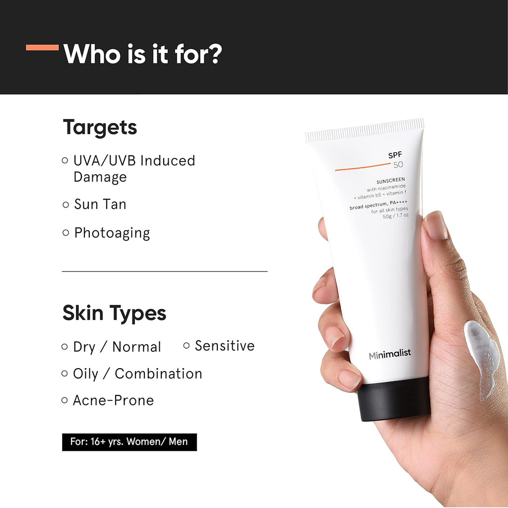 Minimalist Sunscreen SPF 50 PA++++ | Clinically Tested in US (In-Vivo) | Lightweight Cream with Multi-Vitamins | No White Cast | Broad Spectrum Niacinamide Sunscreen For Oily Skin, Dry Skin | For Women & Men | 50g