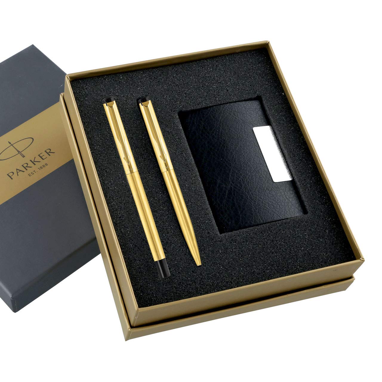 Parker Vector Gold Trim Roller Ball Pen and Ball Pen Luxury Gift Set, Blue Ink