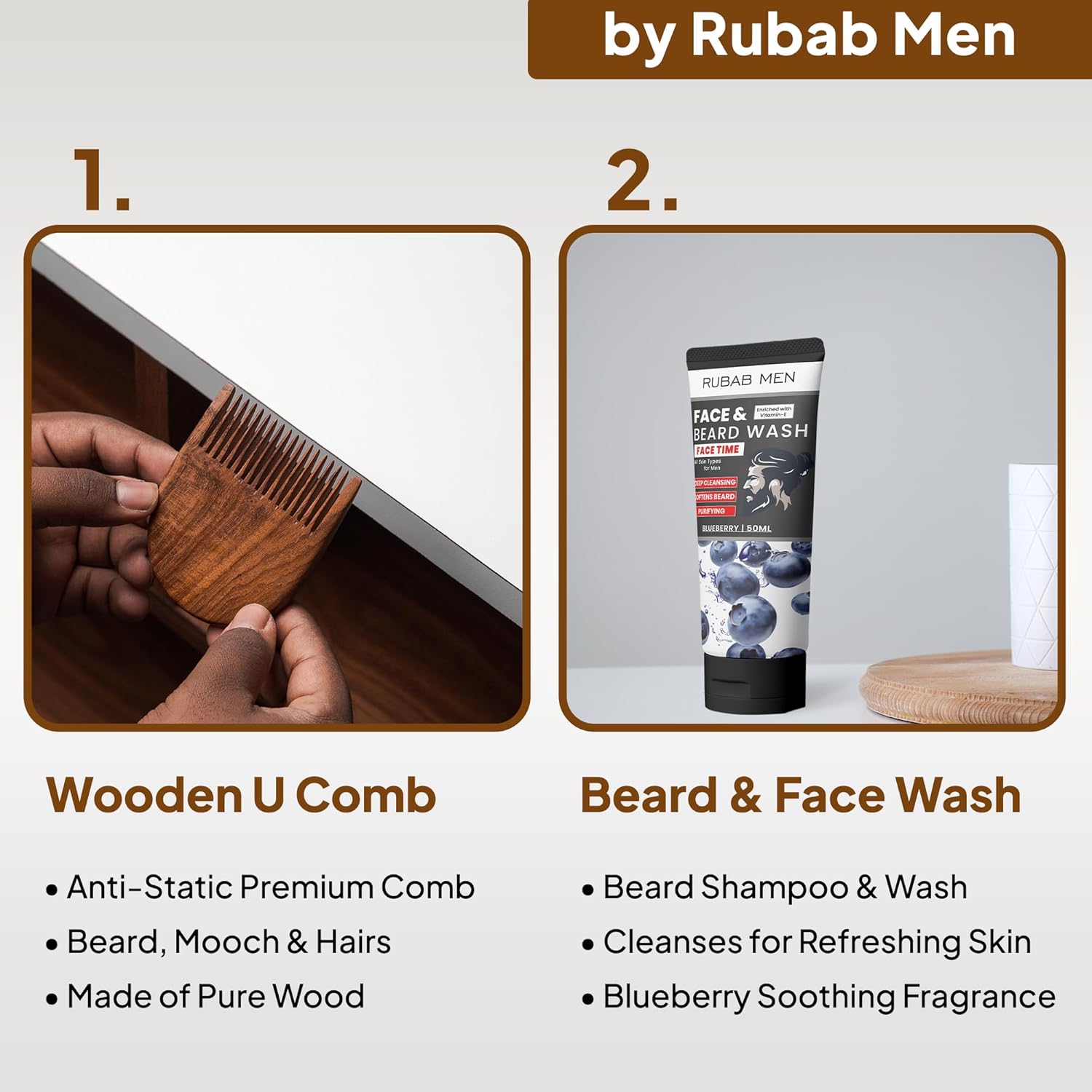 Rubab Men 4-in-1 Beard Kit for Men| Advance Beard Growth Oil, Face & Beard Wash, Beard Brush & Wooden Beard Comb| Everyday Beard Grooming Care