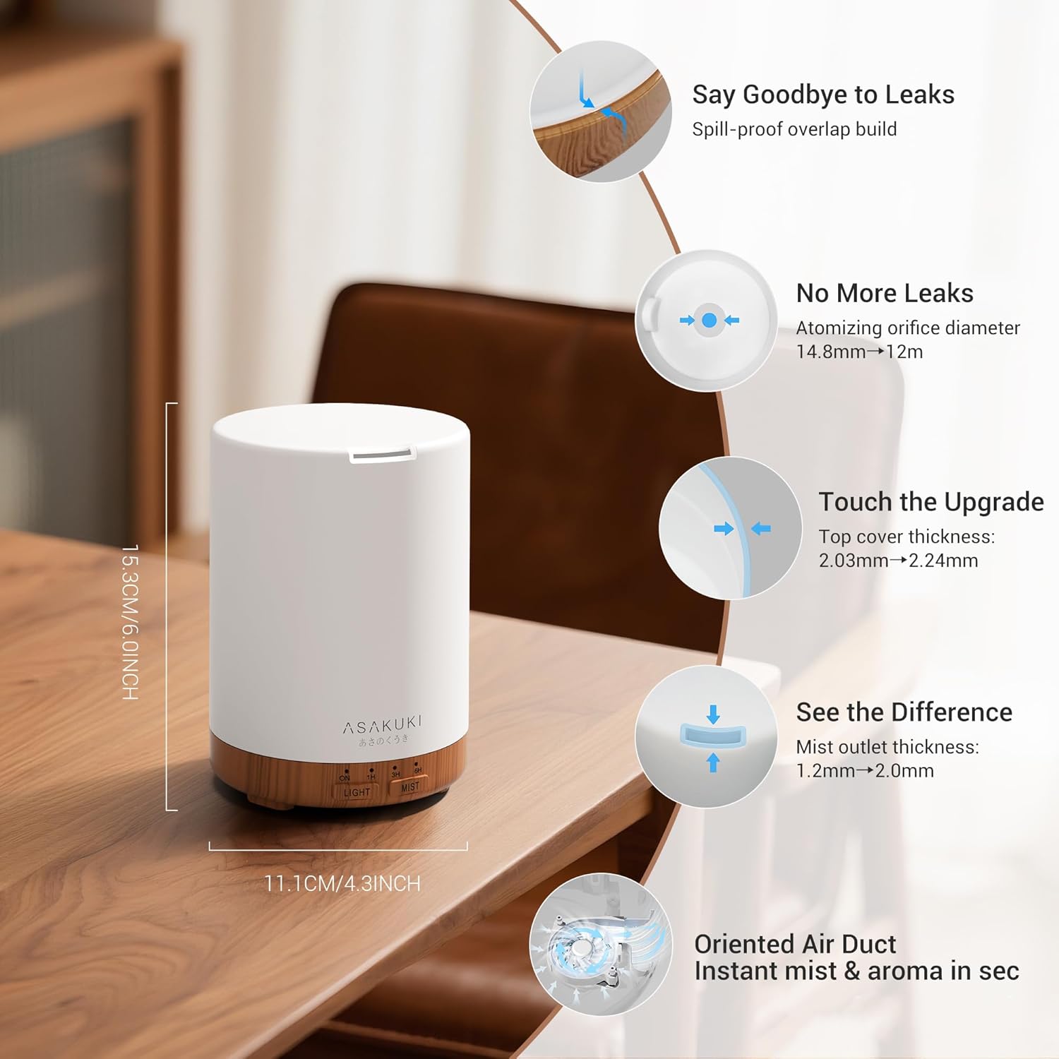 ASAKUKI 300ML Essential Oil Diffuser, Quiet 5-in-1 Premium Humidifier, Home Fragrance Aroma Diffuser with 7 LED Color Changing Light and Auto-Off Switch -Light Brown