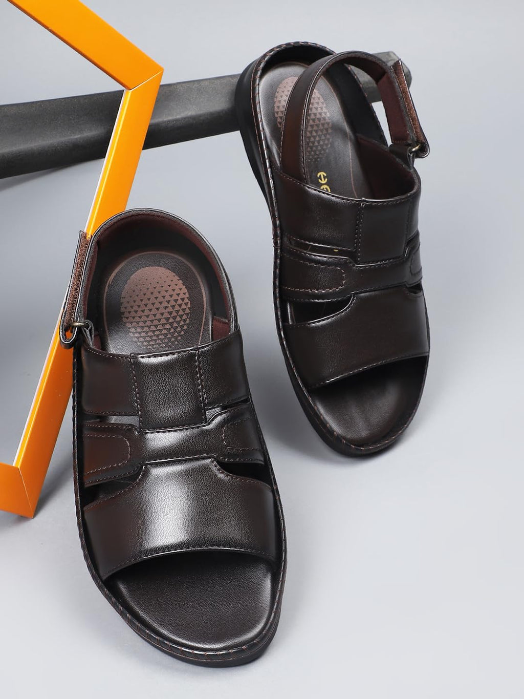 Liberty Healers STARC-1E Men Casual Sandals, Brown & Tan – Formal, Leather Look Sandals for Men with Buckle Strap – Stylish Sandal for Man – Mid Heel Lightweight, Comfortable Footwear