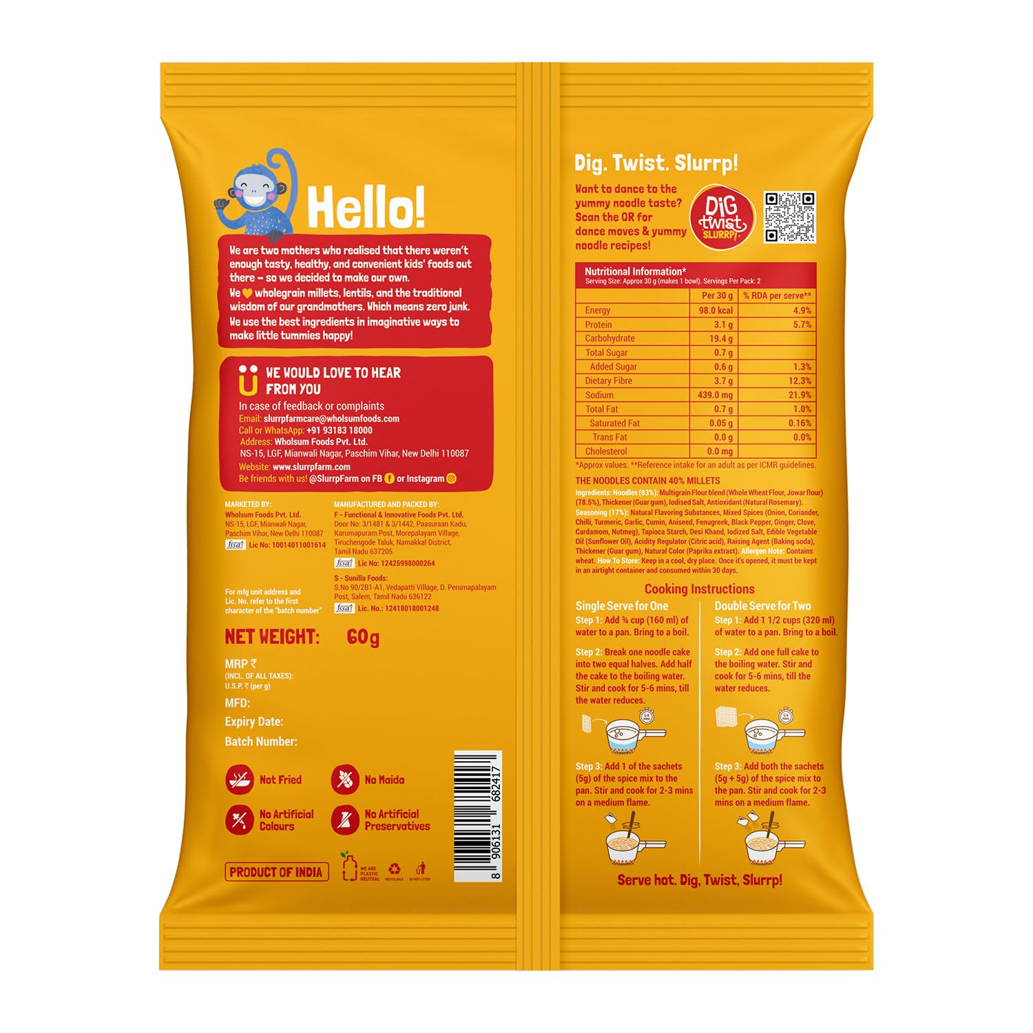 Slurrp Farm No Maida, No MSG Instant Noodles | Magic Masala | Not Fried, Millet Noodles, 4 X 57 g
