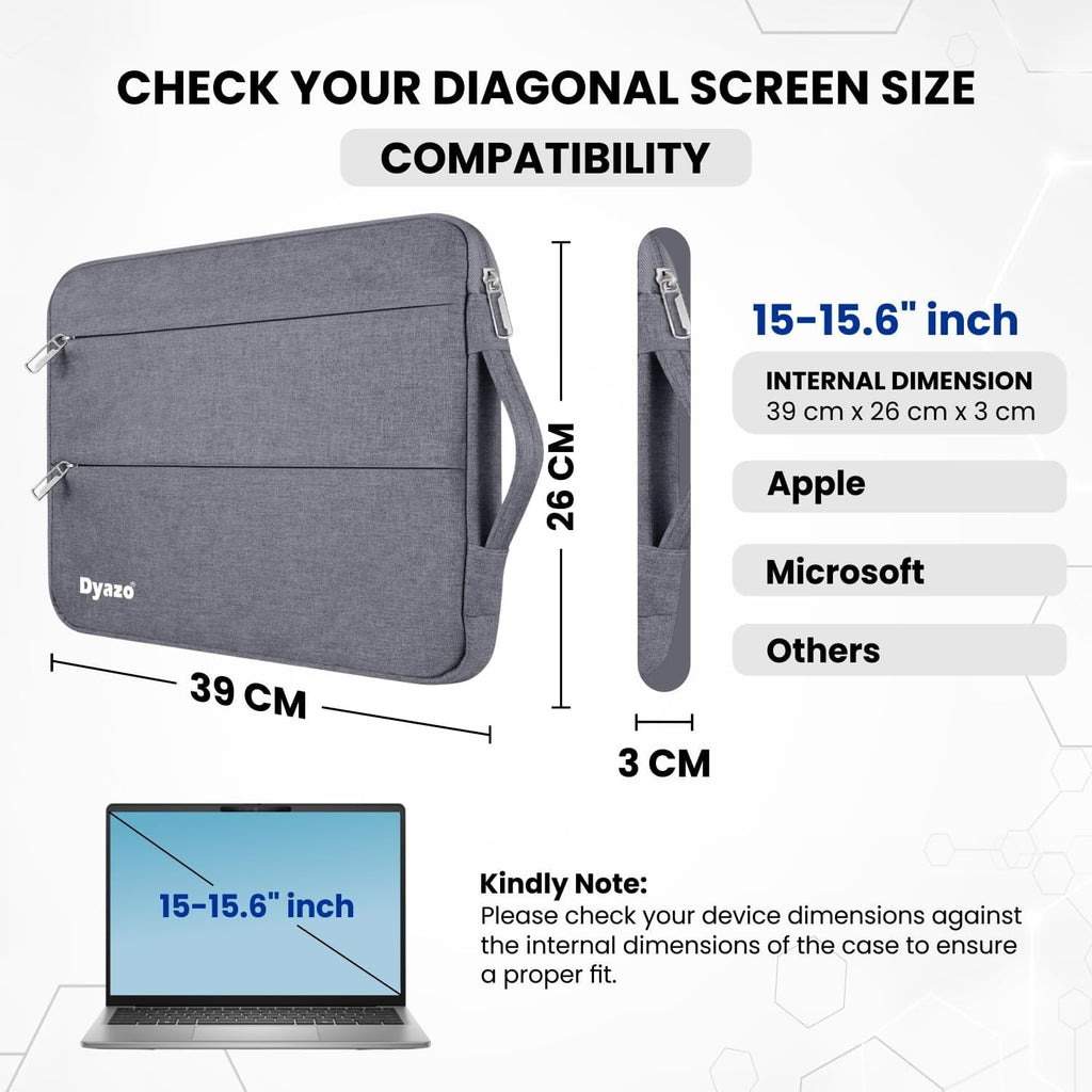 Dyazo Water Resistant Laptop Sleeve/Laptop case/laptop cover with Handle Compatible for 15 Inch to 15.6" Inches laptops & Notebooks - Grey