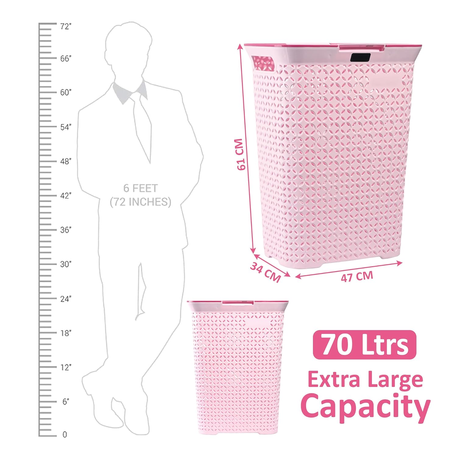 Kuber Industries 70 Ltrs Plastic Large Laundry Basket for Clothes with Lid | Multipurpose Storage Organiser for Home, Bedroom and Bathroom | Pale Pink