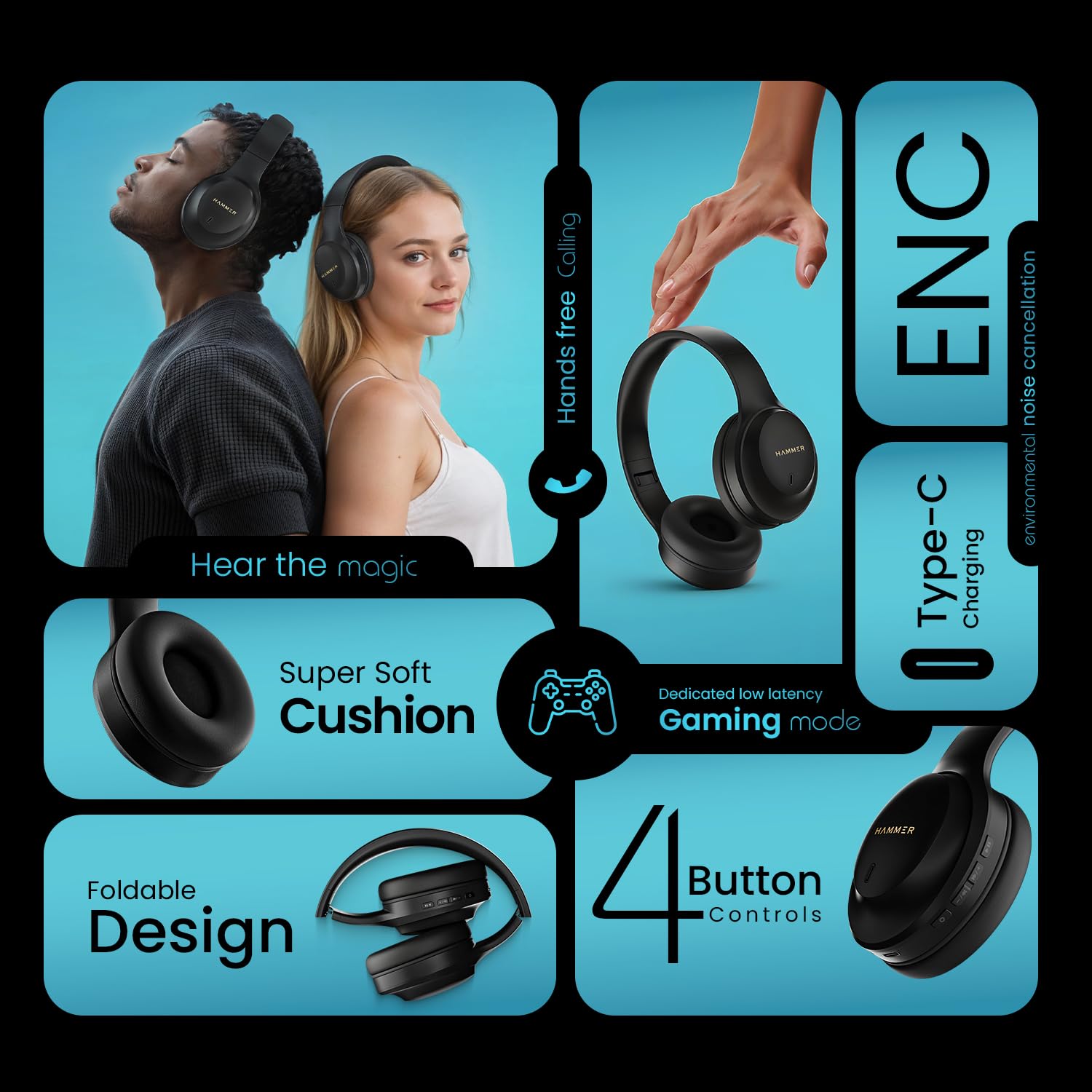HAMMER Vibe ENC Bluetooth Headphone, 40mm Driver, Dual Pairing, 50hrs Playtime, Voice Assistant, BT V5.4, Game Mode, Soft Cushions, Lightweight Headphones for Music, Gaming and Calls (Black)