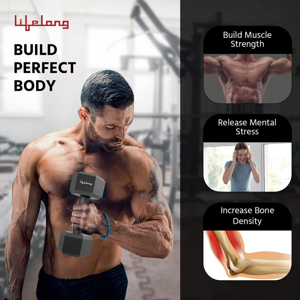 Lifelong PVC Hex Fixed Dumbbells Pack of 2 (1kg*2) Black Color for Home Gym Equipment Fitness Barbell|Gym Exercise|Home Workout, Gym | Weights for Men & Women (6 Months Warranty)