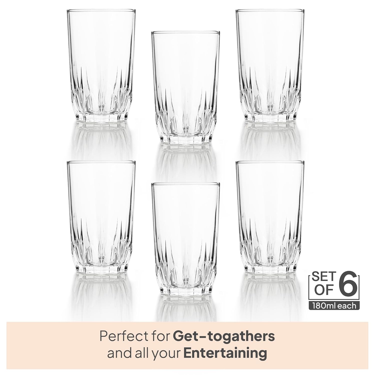CELLO Glaze Tumbler Glasses Set of 6, 180 ml Transparent | Dishwasher Safe Toughened Crystal Clear Glass | Daily Use Tranparent Drinking Glass Set for Water, Cocktail, Juice, Milkshake, Coke, Soda