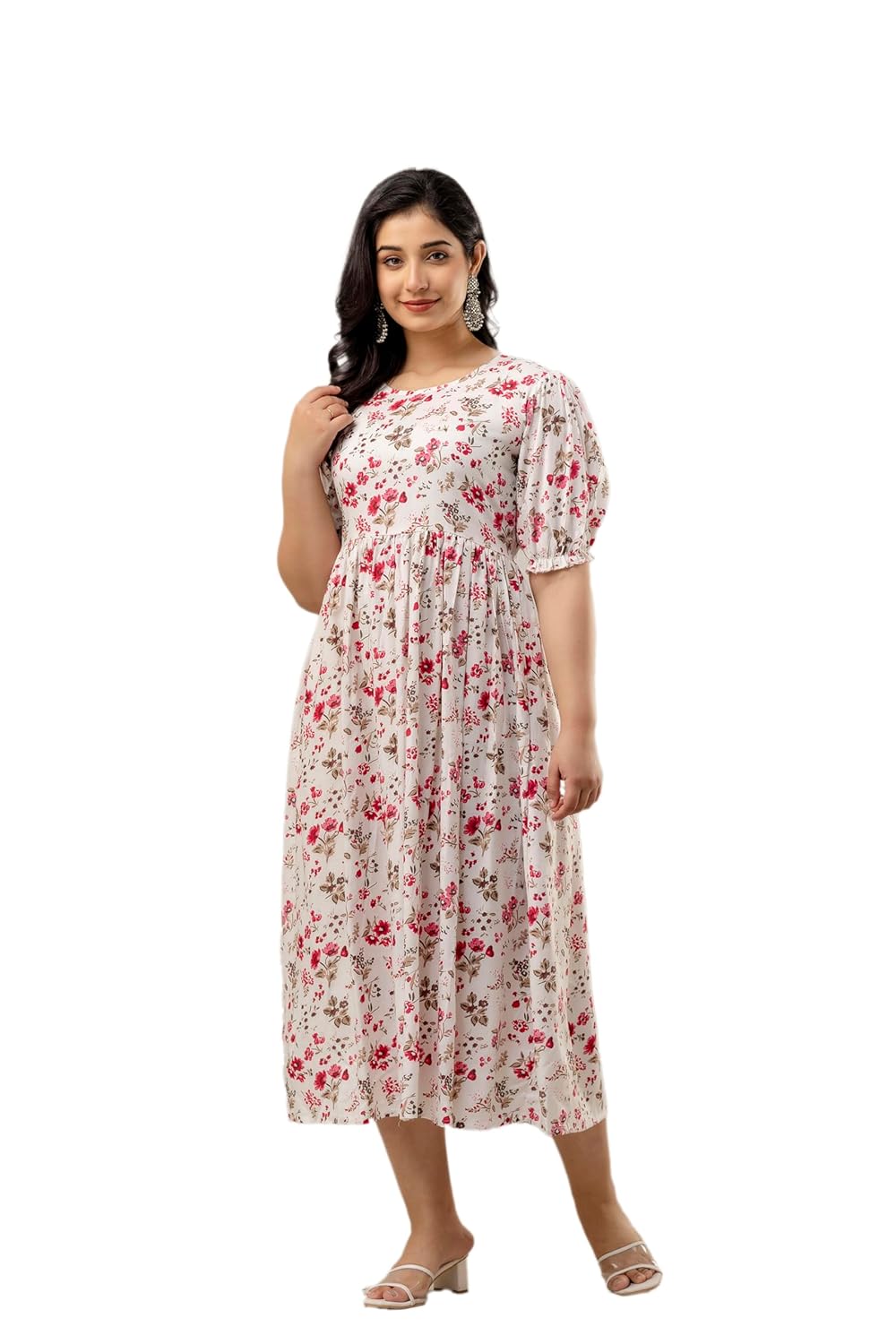 Somick Women's Rayon Floral Printed Indo-Western Ethnic Gown Half Sleeve V Neck Fit & Flare Flared Hem Design || A-Line Maxi Dress Casual Wear