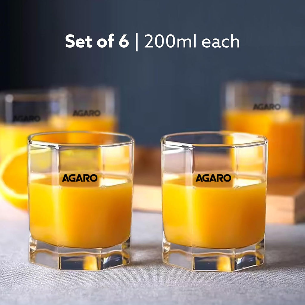AGARO Elegant Octagonal Glass 200ml set of 6, Juice and Water Drinking Glass Transparent.
