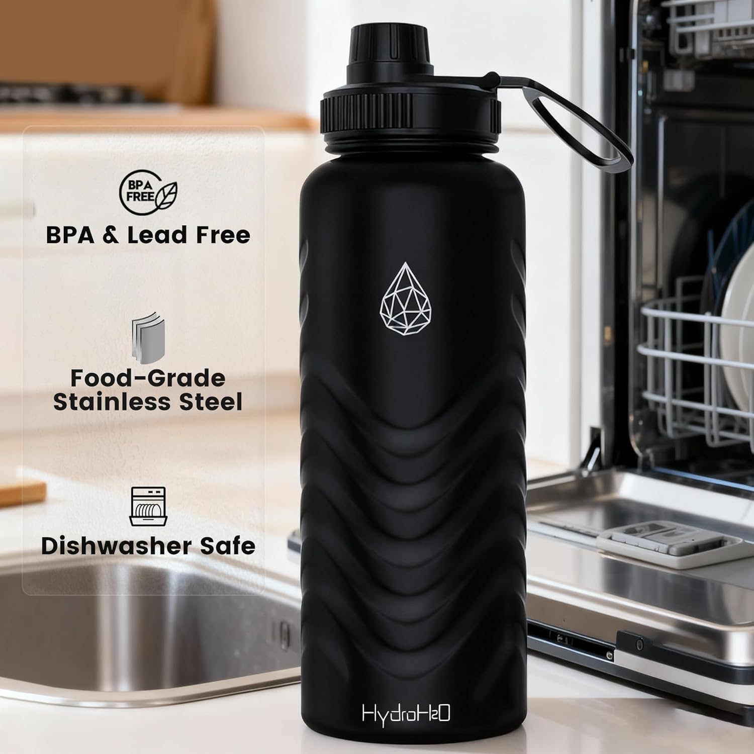 HYDRO H2O 24oz Stainless Steel Insulated Water Bottle, 48H Cold & 24H Hot, Leak-Proof Wide Mouth Lids (Straw & Spout), BPA-Free Bottles, Mens Water Bottle for Gym, Hiking, Travel - Black