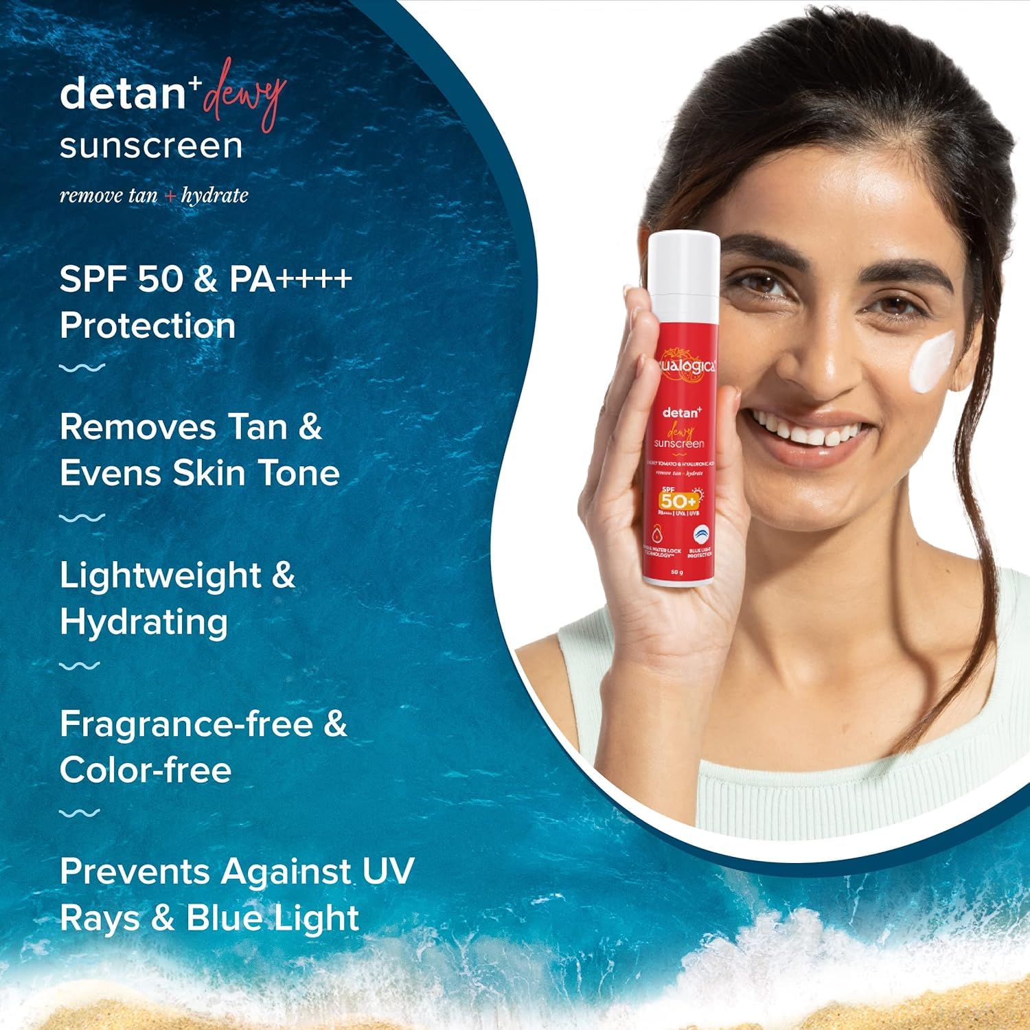 Aqualogica All Detan+ Dewy Sunscreen Gel with Cherry Tomato & Hyaluronic Acid with SPF 50+ & PA++++ - 50g (Pack of 2)
