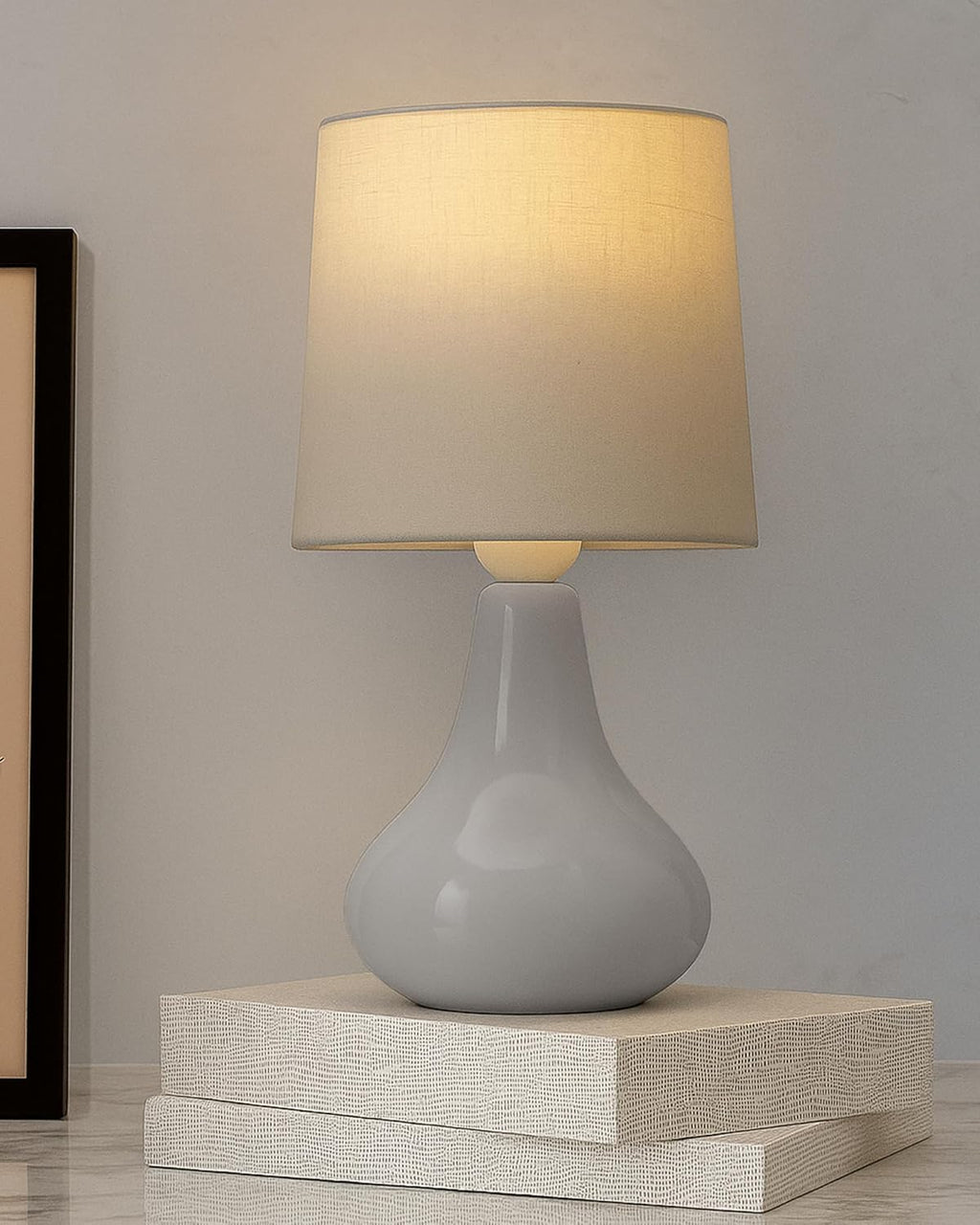 Homesake Modern Small Ceramic LED Table Lamp, Classic Bedside Desk Lamp for Living Room Bedroom, Farmhouse Nightstand Lamps with Fabric Shade (Gray)