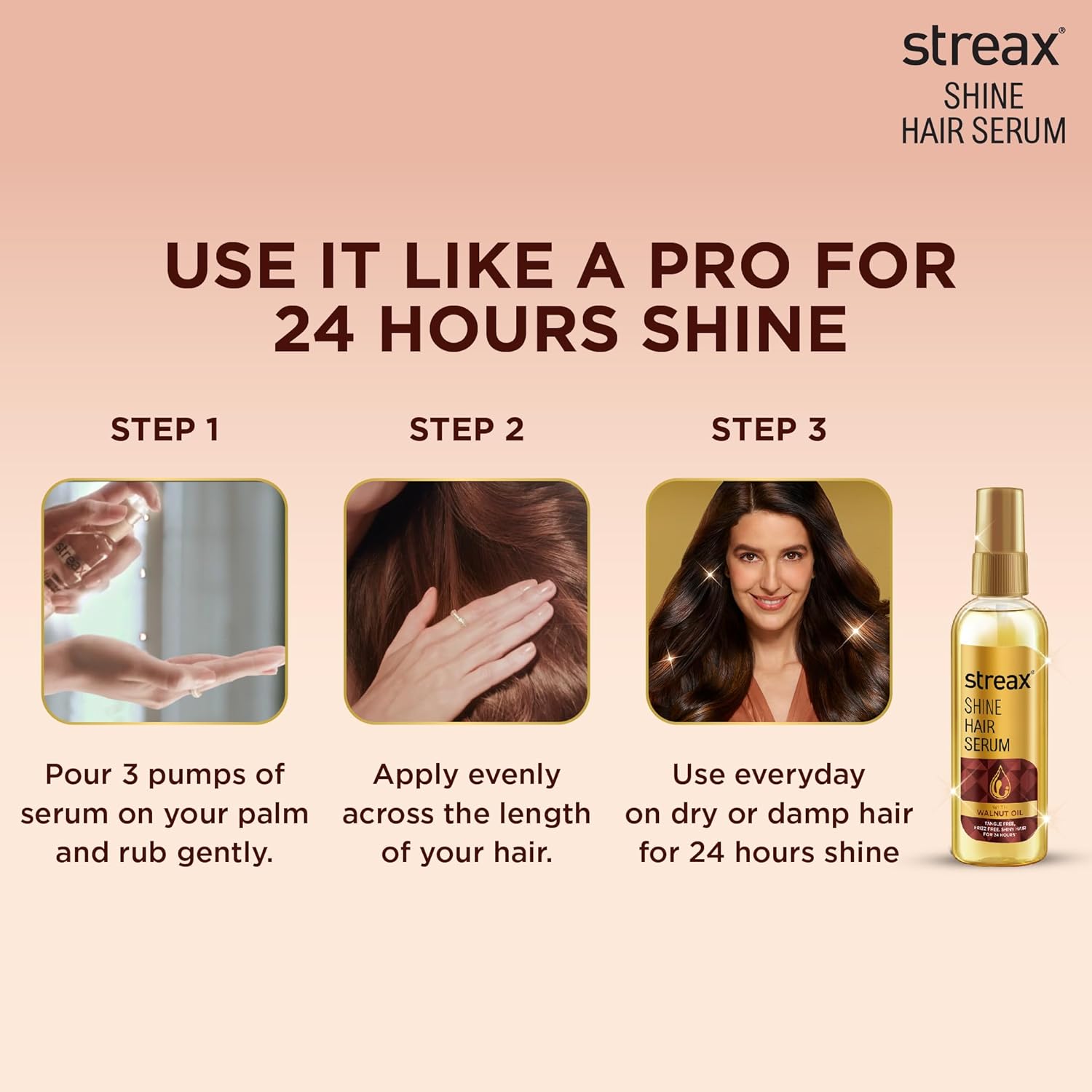 Streax Hair Serum 200ml, Hair serum for Dry & Frizzy Hair, for Women & Men, for Curly Hair, Wavy Hair, Straight Hair, Silk & Shine Vitalised with Walnut Oil